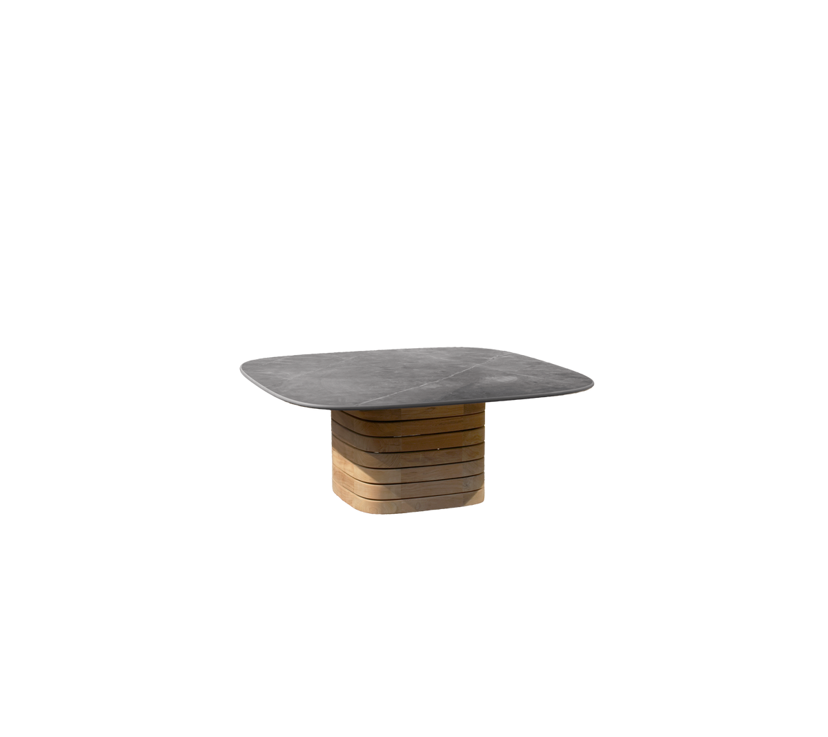 Grå bord med en teakbase i et moderne design.