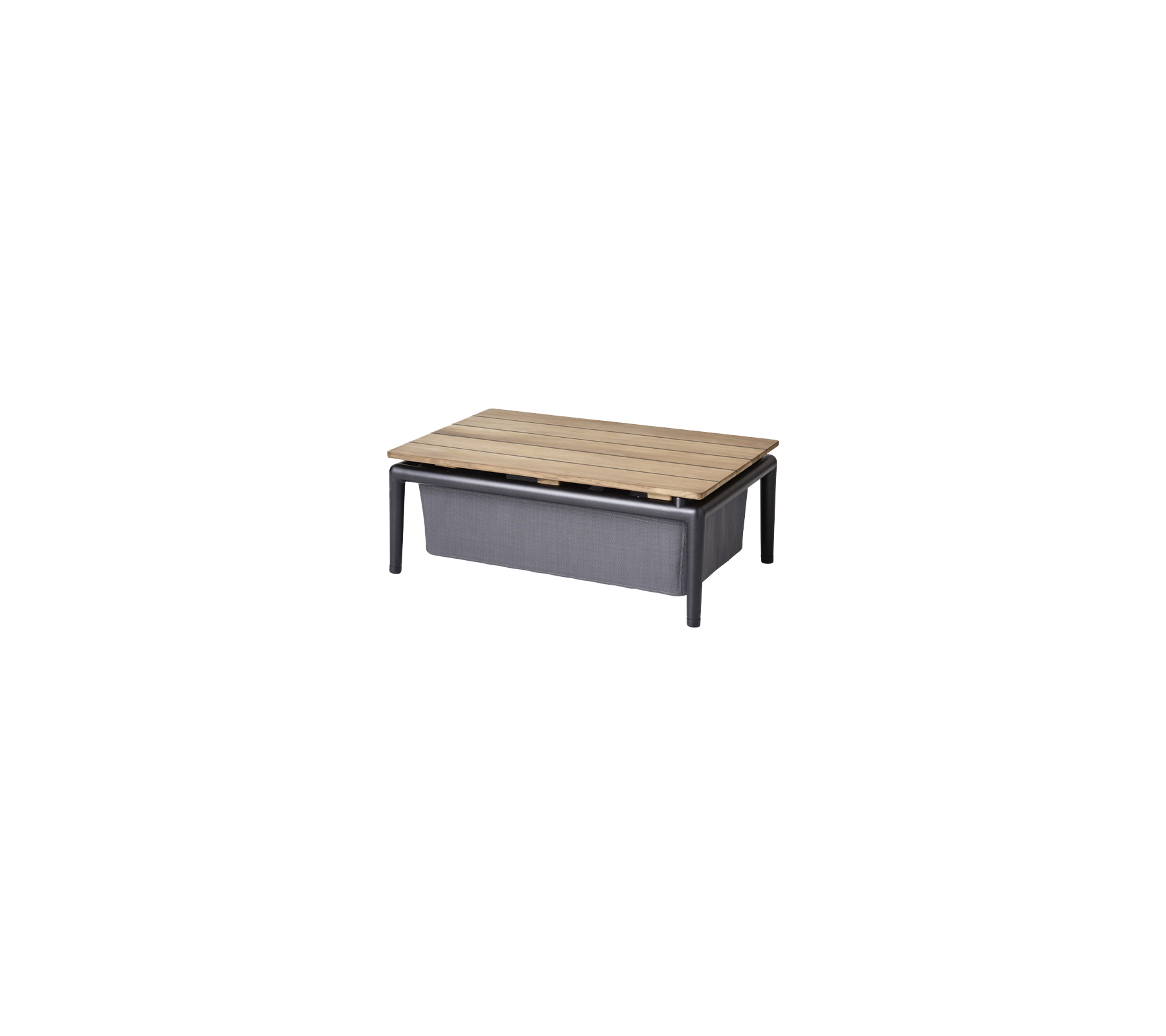 Kaffebord med en træplade og et opbevaringsrum, prydet med et minimalistisk design og kontrasterende farver.