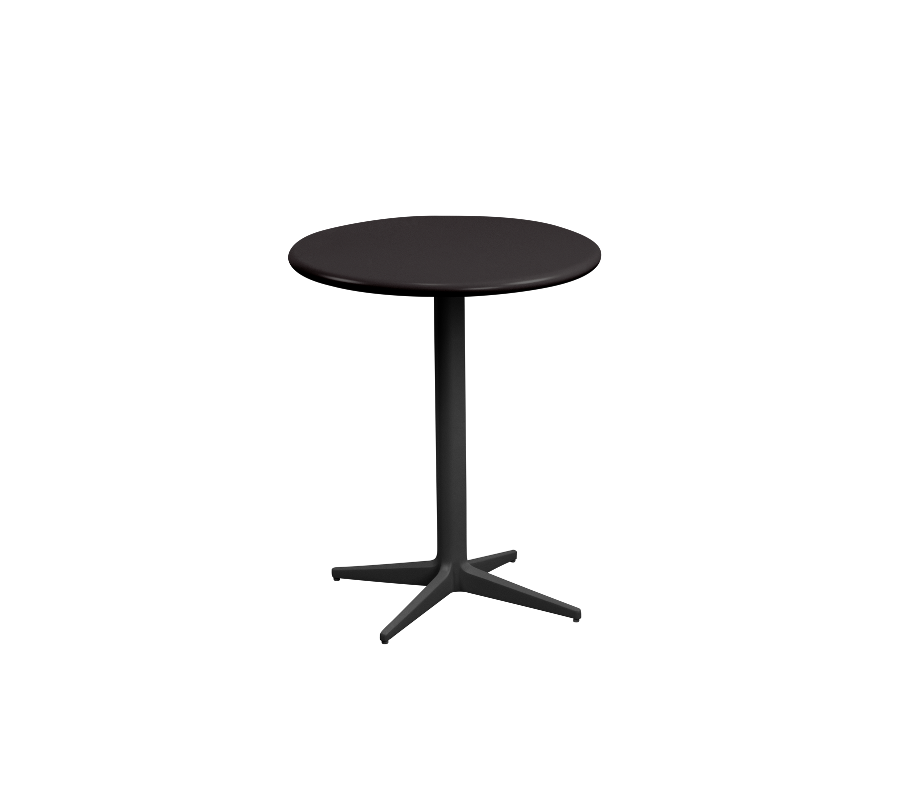 Rundt bord med en slank sort overflade og en robust sokkelbase, der har et firbenet design for stabilitet.