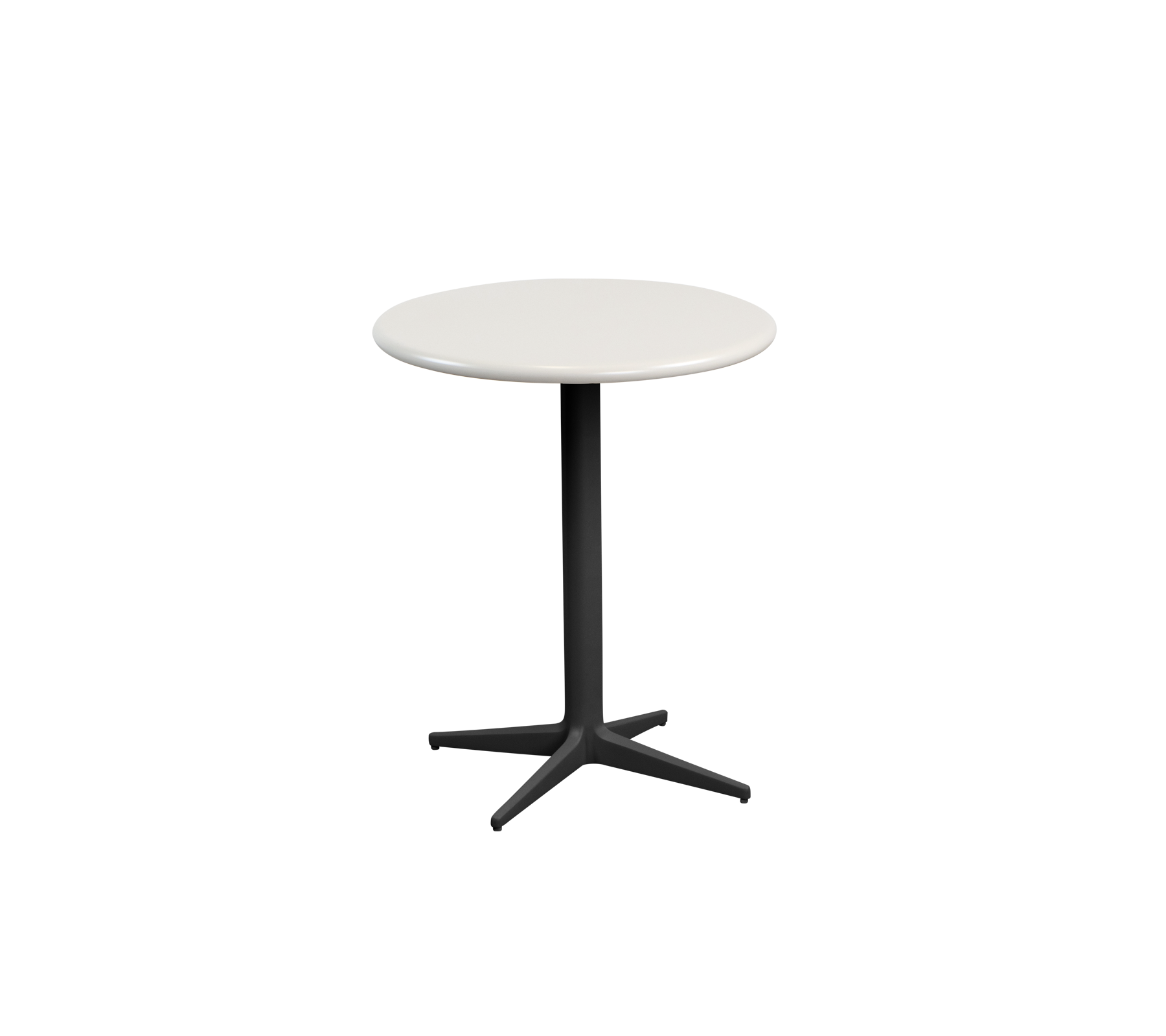 Rundt bord med en glat lysefarvet top og en sort pedestalbase med en firebenet støtte design.