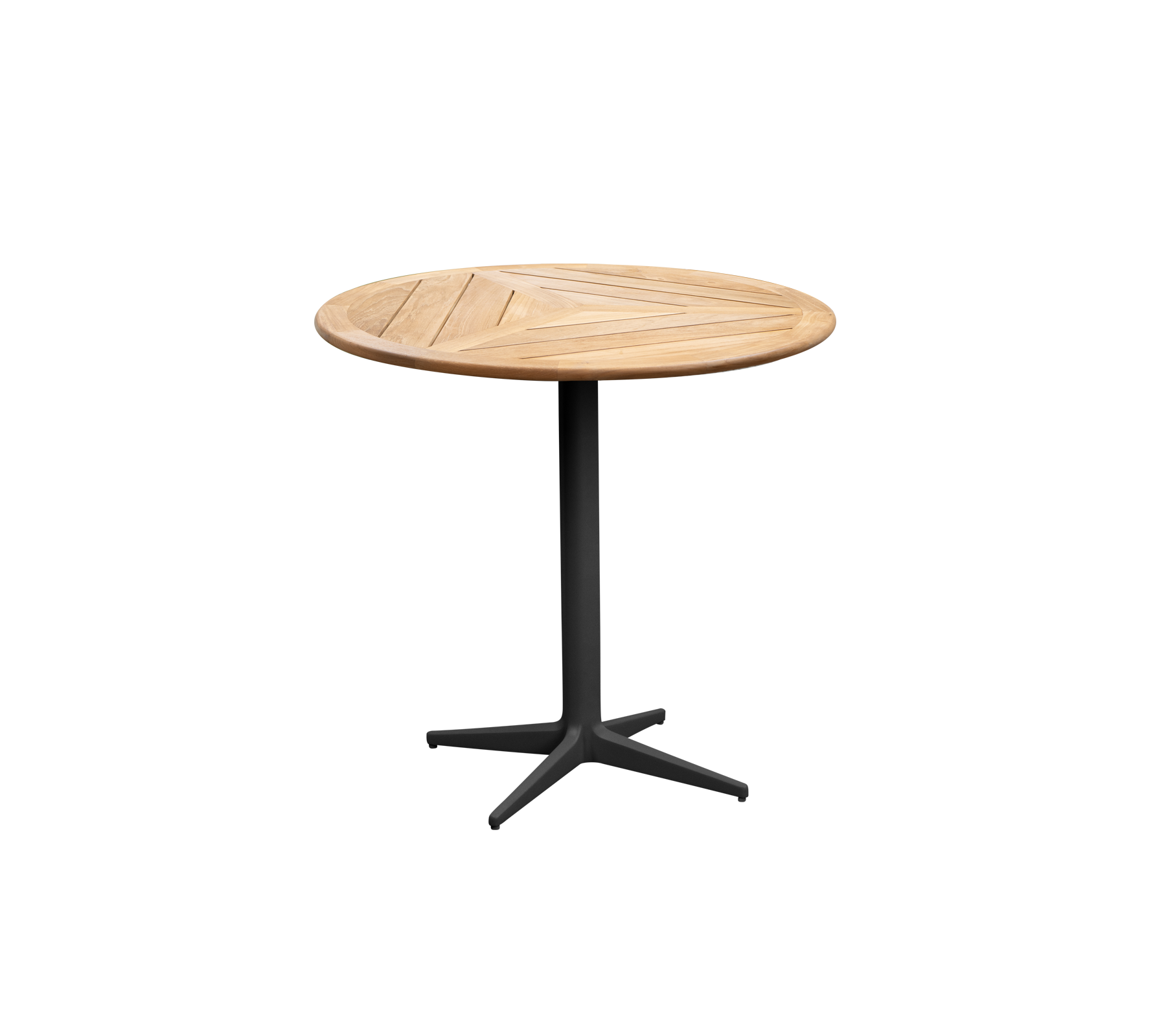 Rundt trætabel med en lameloverflade og en robust sort base, perfekt til uformelle sammenkomster eller æstetisk dekoration.