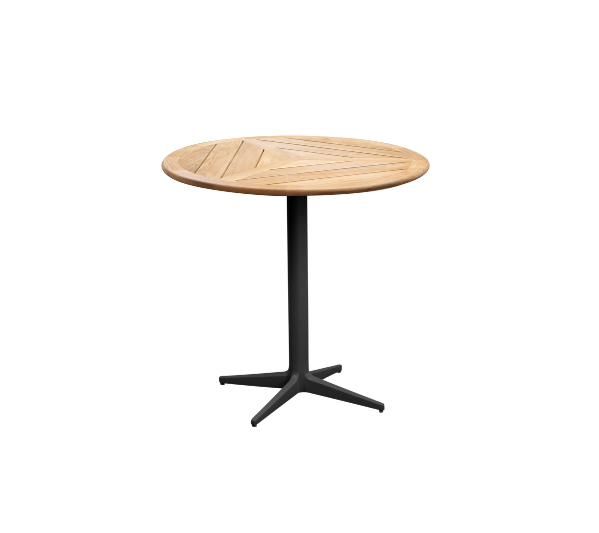 Rundt trætabel med en lameloverflade og en robust sort base, perfekt til uformelle sammenkomster eller æstetisk dekoration.