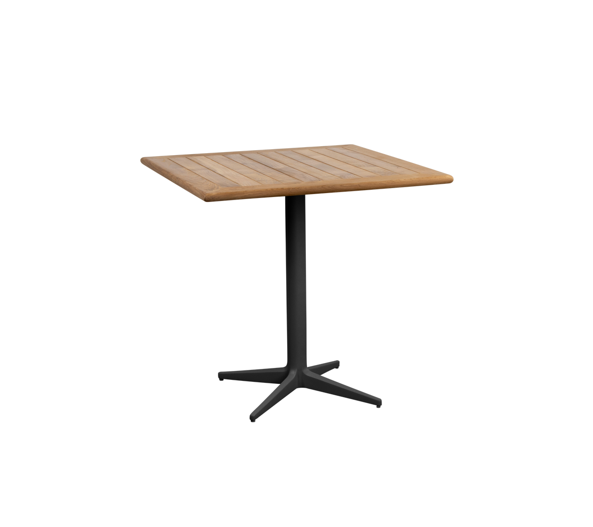 Firkantet bord med en træ top og en slank sort pedestalbase, ideel til forskellige omgiveler og sammenkomster.