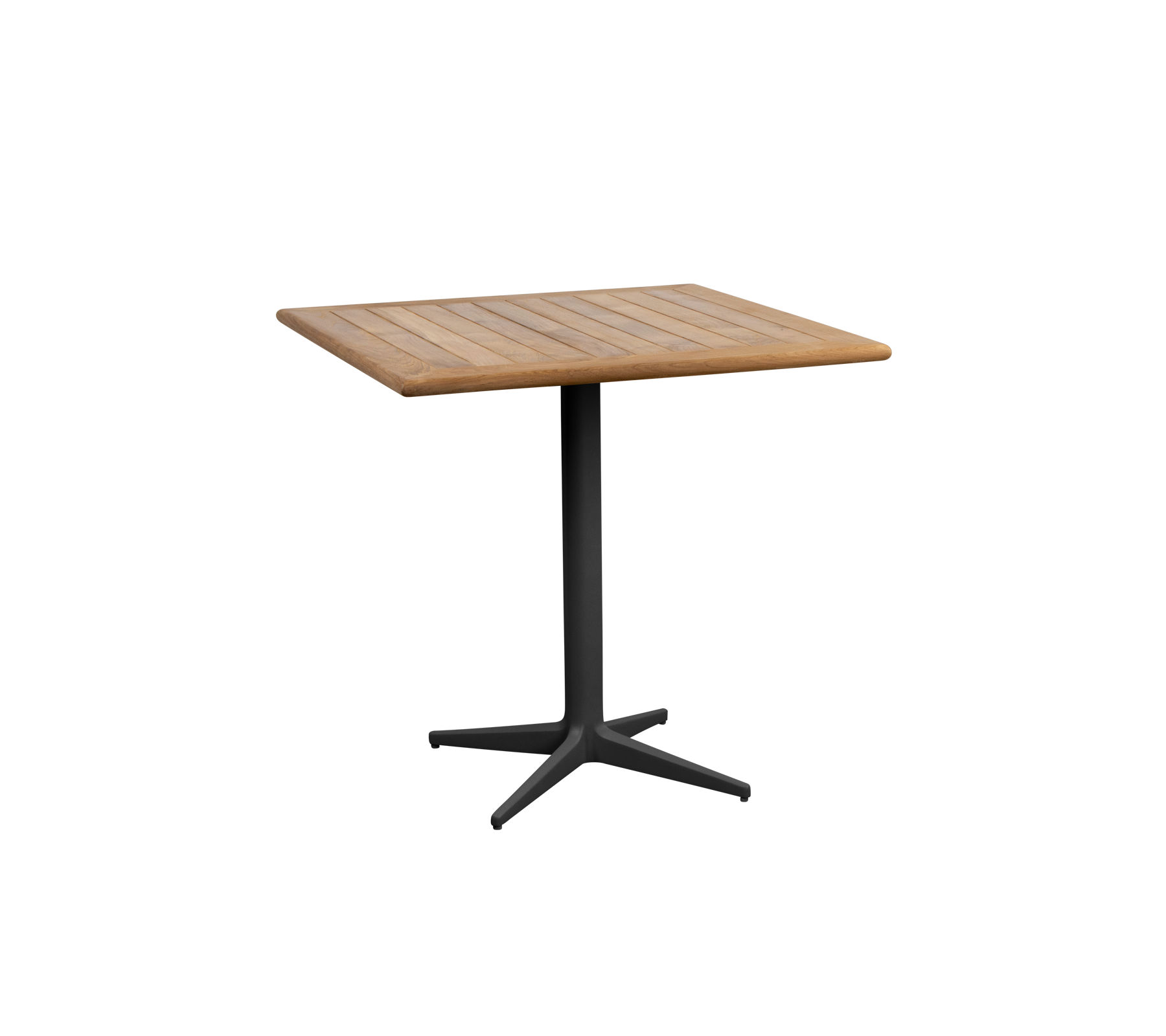 Firkantet bord med en træ top og en slank sort pedestalbase, ideel til forskellige omgiveler og sammenkomster.