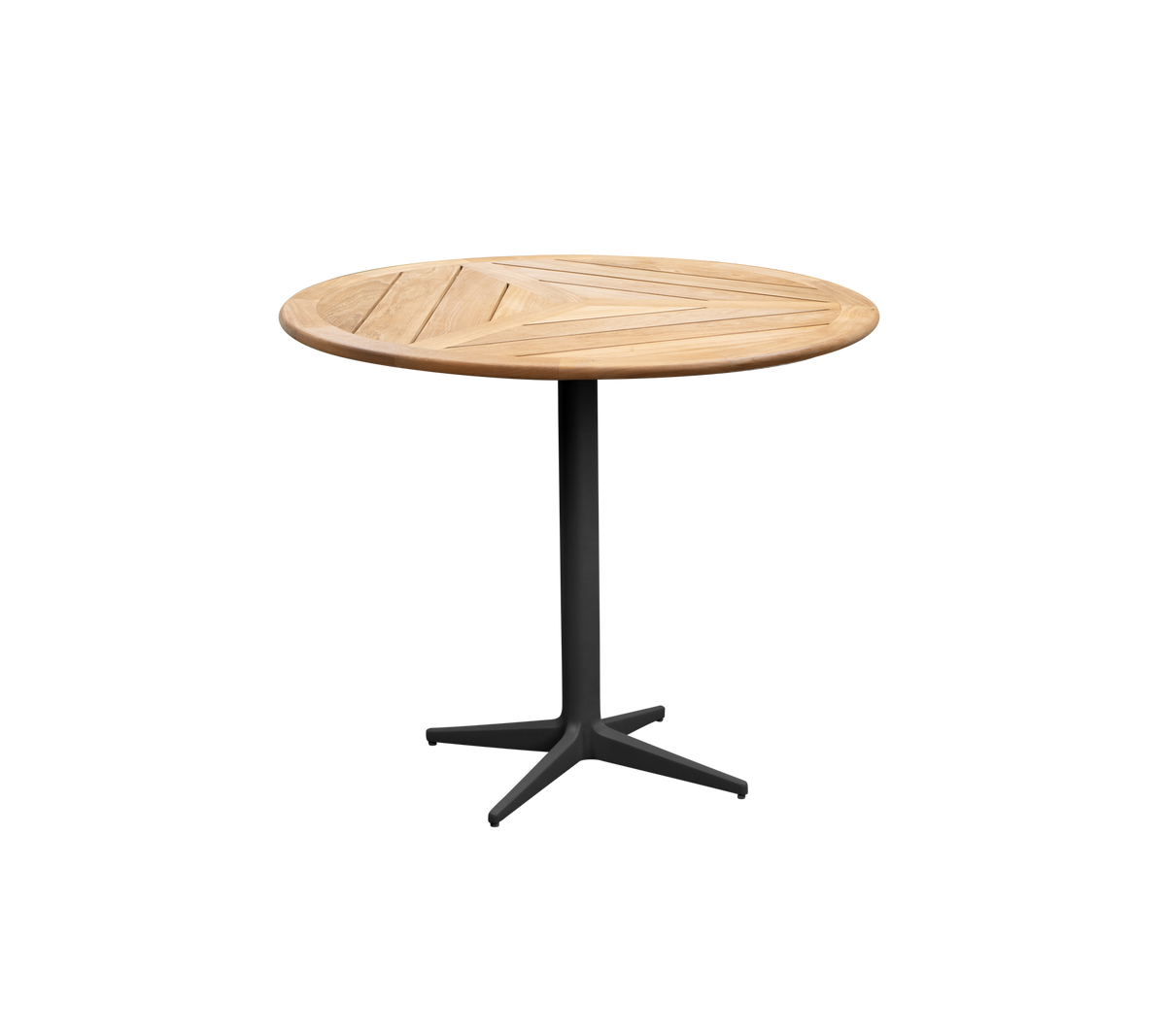 Rundt træbord med et elegant design og en robust sort base, perfekt til forskellige omgivelser. Ideelt til afslappet spisning eller samvær.
