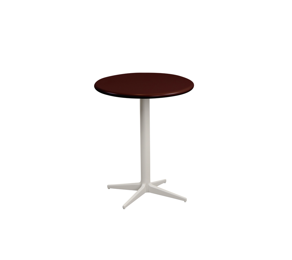 Burgundisk rundt bord med en hvid base.