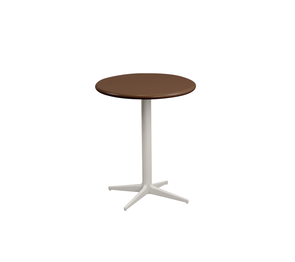 Rundbrun bord med en hvid base.