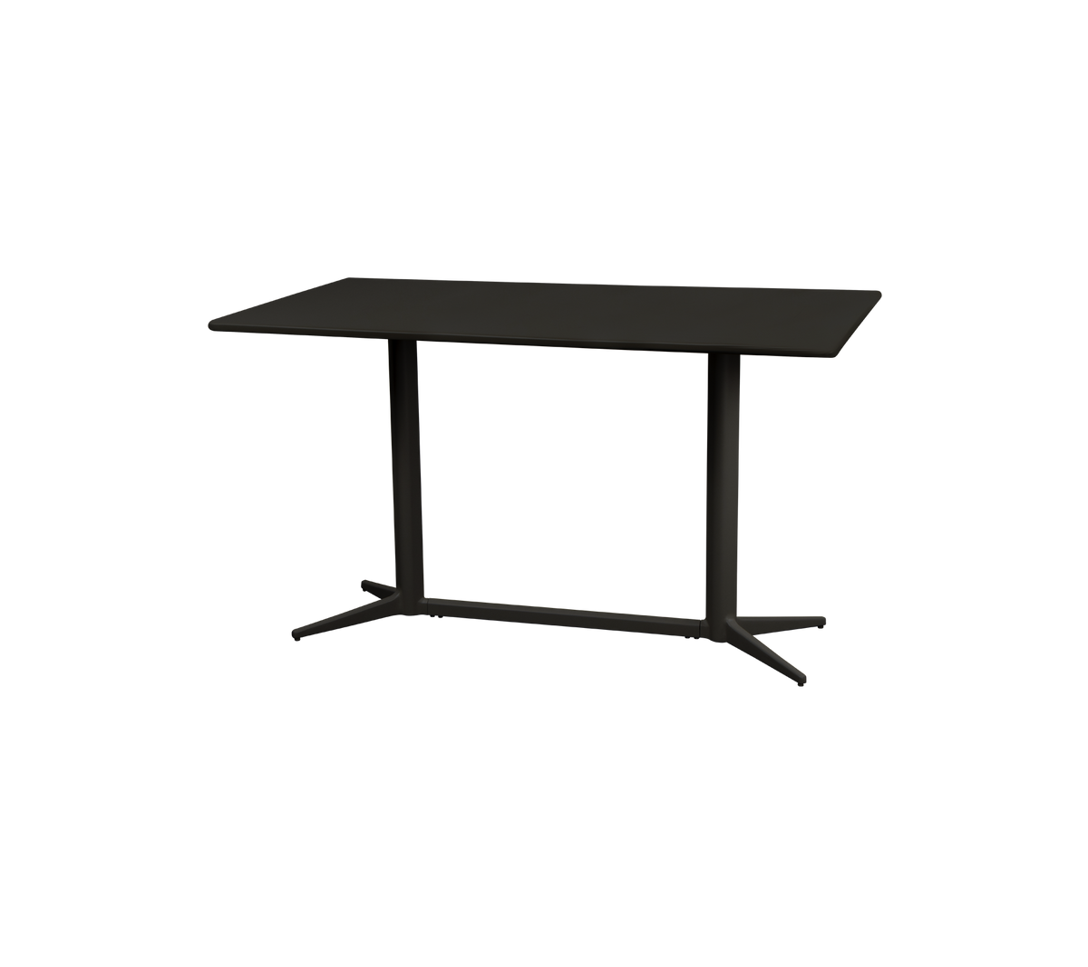 Moderne bord med en slank rektangulær overflade og robuste ben, der har et minimalistisk design i en mørk finish. Ideelt til forskellige rum.