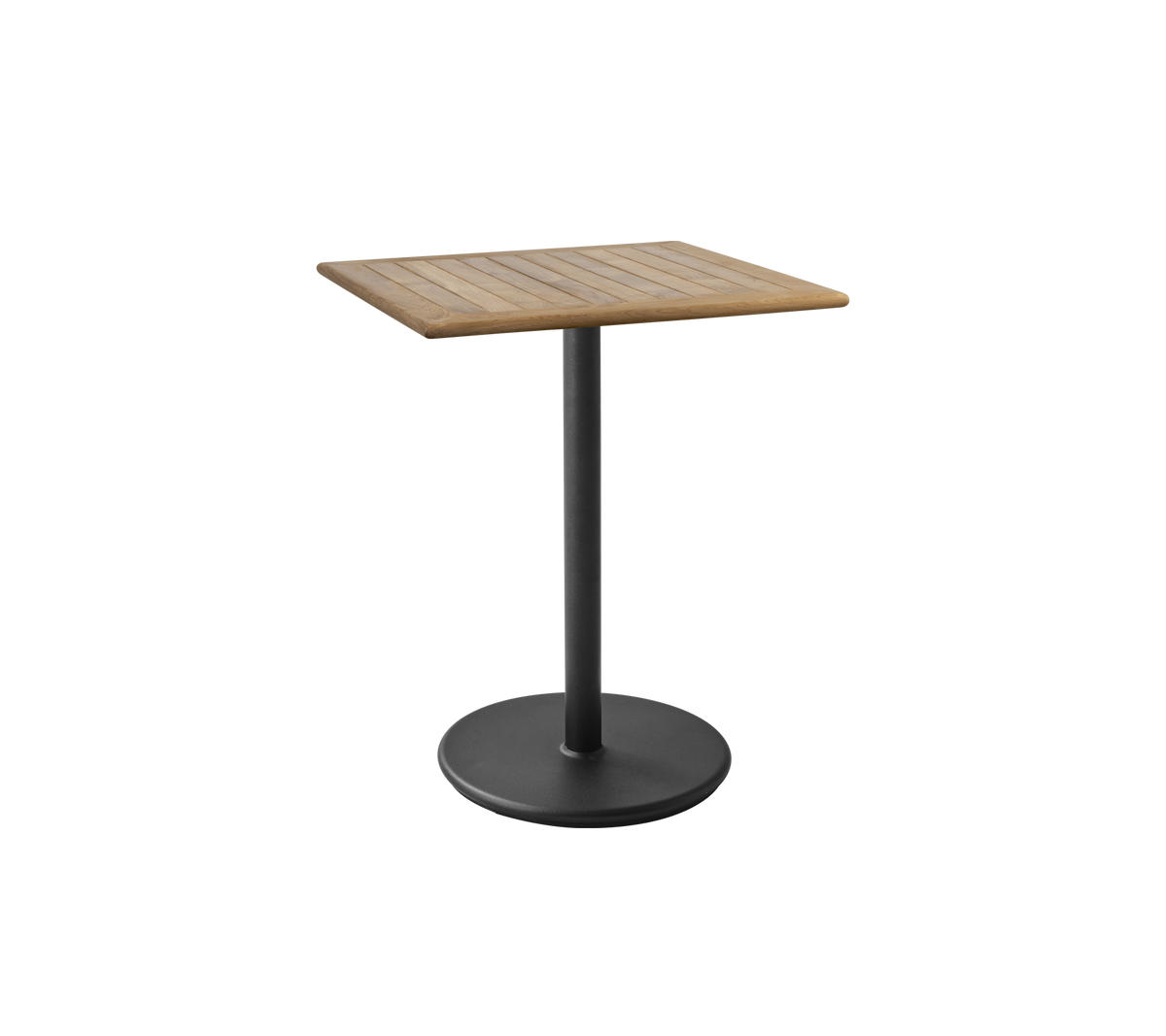 Firkantet bord med en lameltrætop og en slank sort pedestalfod, ideel til forskellige indretninger og stilarter.