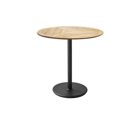Rundt bord med en trætopp, der har et geometrisk design og en metalbund med mat finish. Ideelt til afslappet spisning eller sammenkomster.