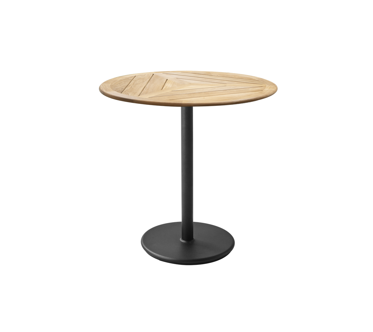 Rundt bord med en trætopp, der har et geometrisk design og en metalbund med mat finish. Ideelt til afslappet spisning eller sammenkomster.