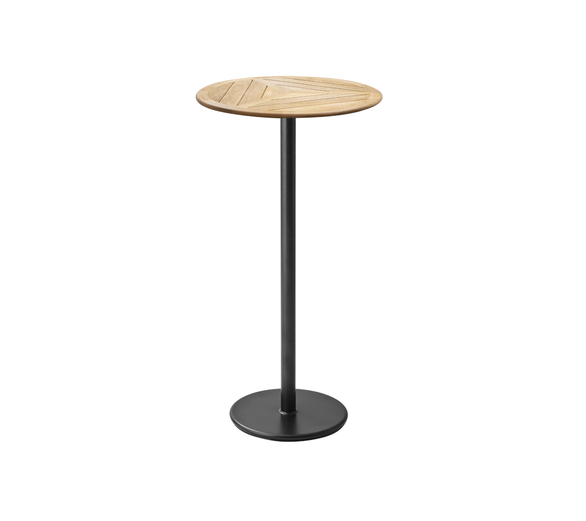 Stilfuld rund bistrobord med et trætop og en slank sort base, perfekt til afslappede sammenkomster eller som et moderne accentstykke.
