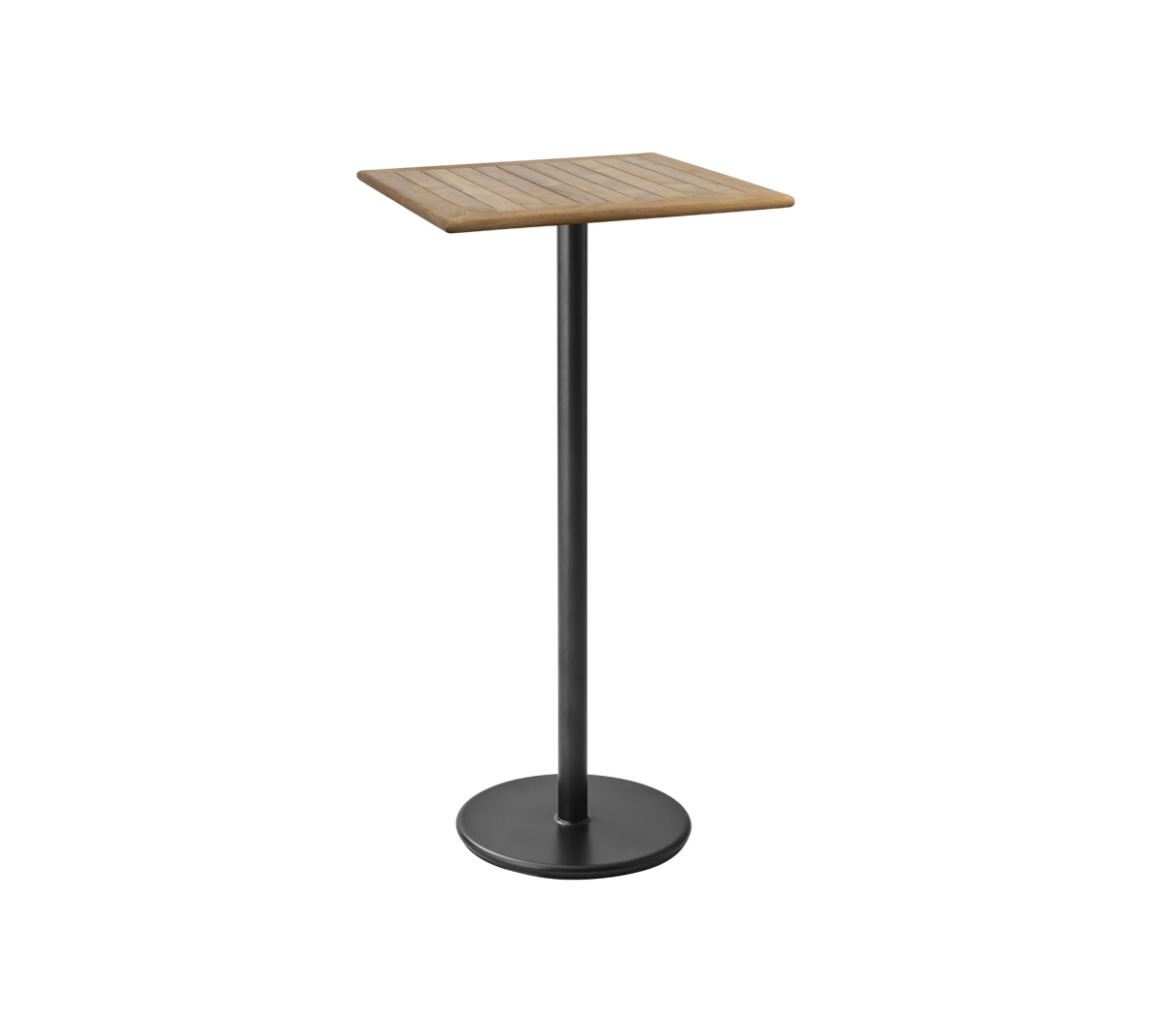 Et slankt, moderne bord med en kvadratisk træplade og en solid sort metalbund, perfekt til uformel spisning eller drinks.