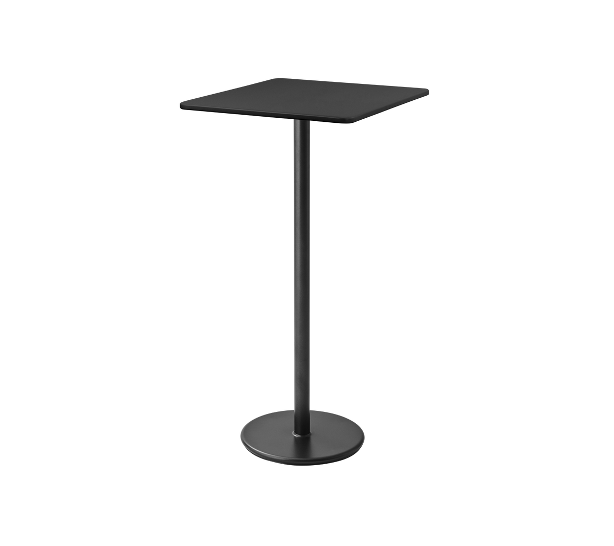 Sort, moderne pedestalbord med en firkantet top og robust, rund fod, ideelt til afslappet spisning eller samlinger.