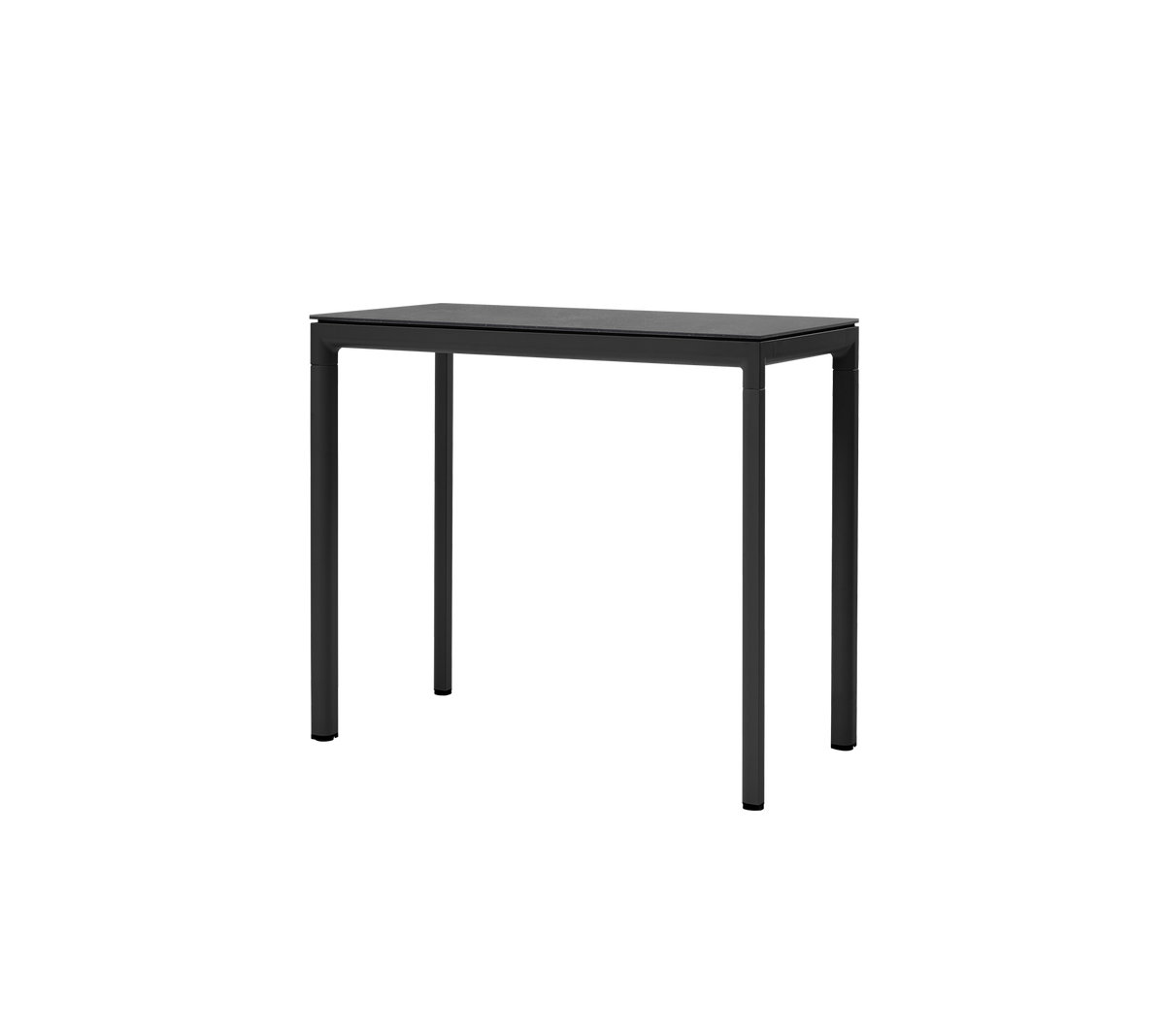 Et slankt sort bord med et minimalistisk design og fire robuste ben, ideelt til alsidig brug i forskellige indstillinger.