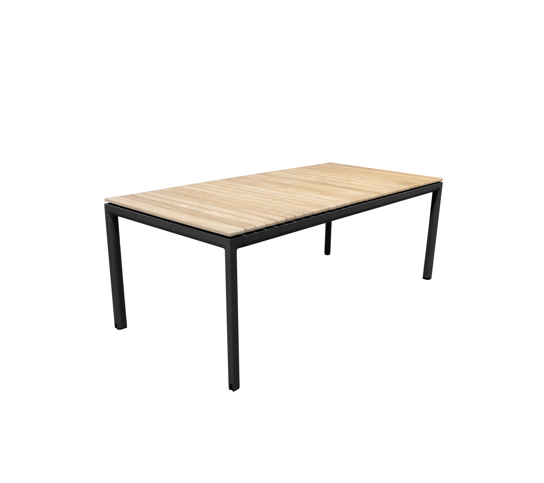 Et moderne bord med en slank sort metalramme og en lys træoverflade, designet til alsidigt brug.