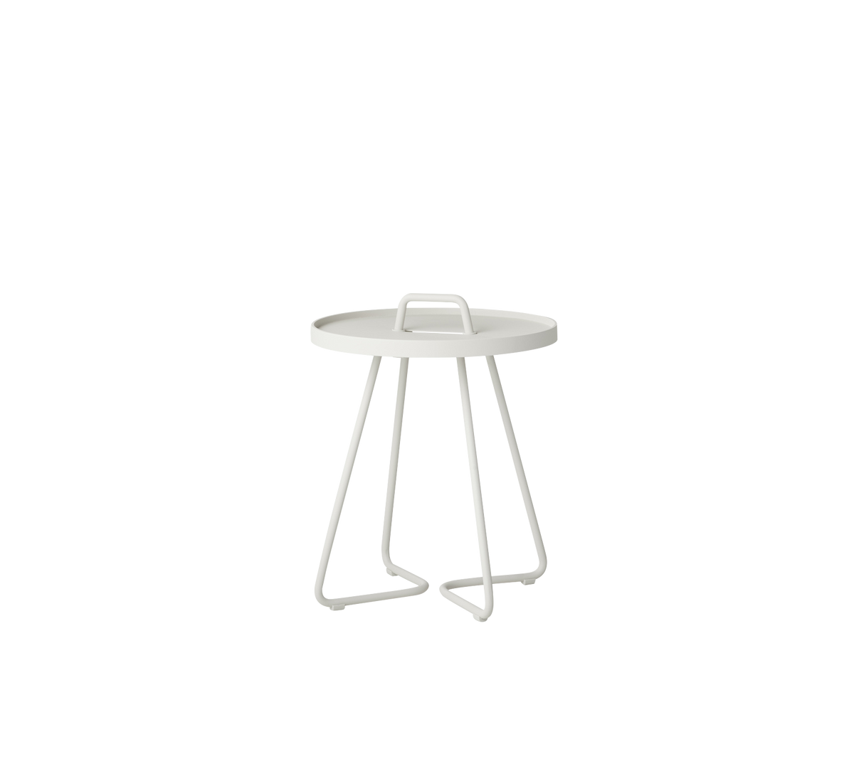 Moderne cirkulært sidebord med et minimalistisk design og robuste, vinklede ben i en ren hvid finish.