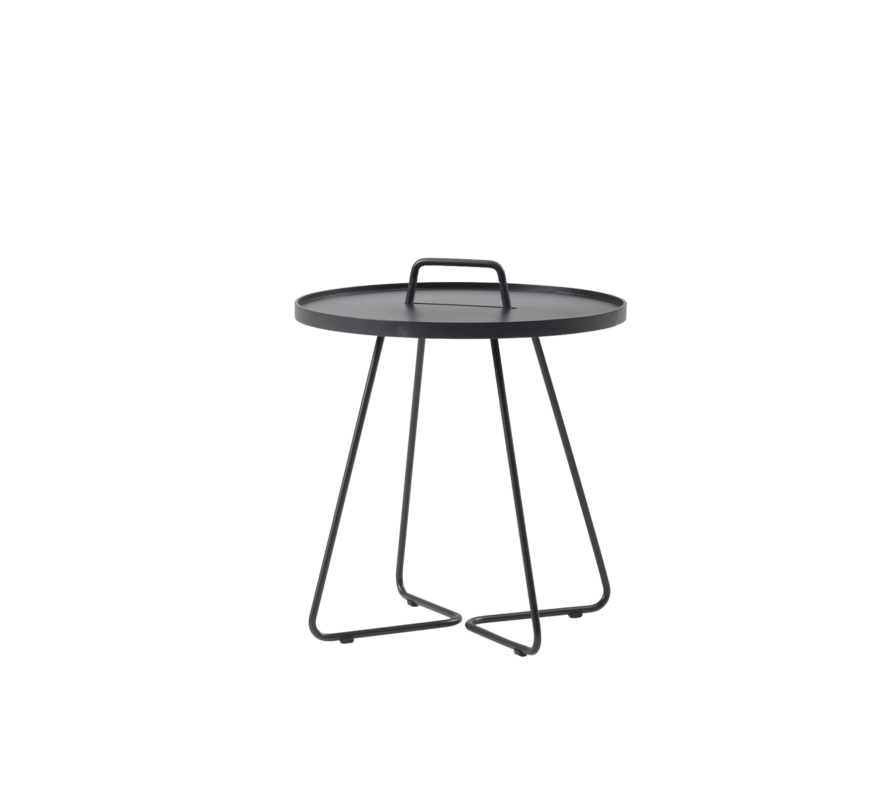 Rund sort bord med en bakke-lignende top og en minimalistisk trådbase, designet til alsidighed og stil.