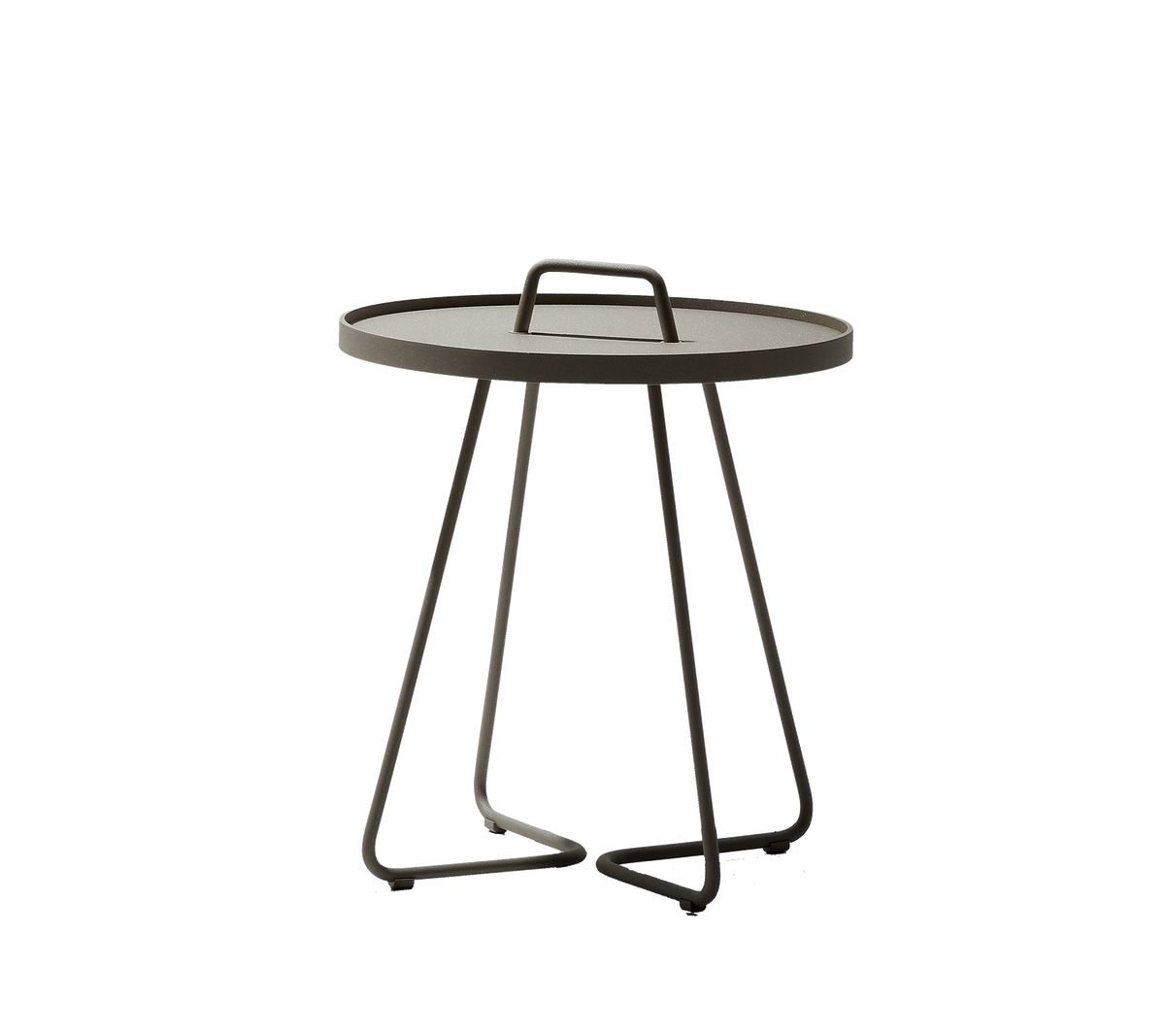 Rund bord med et slankt design, der har et bærehåndtag og en minimalistisk base. Perfekt til enhver moderne indretning.