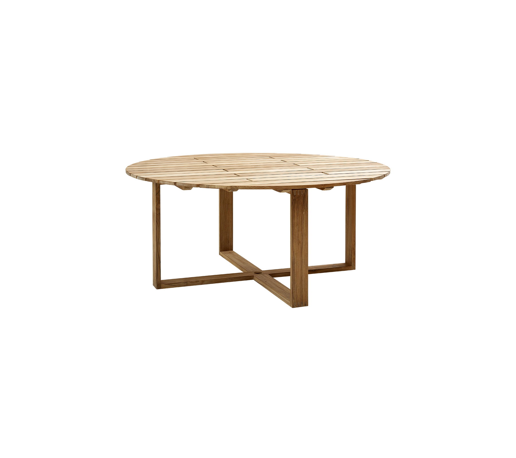 Rundt træbord med en naturlig finish og en robust, krydset base, designet til alsidig brug.