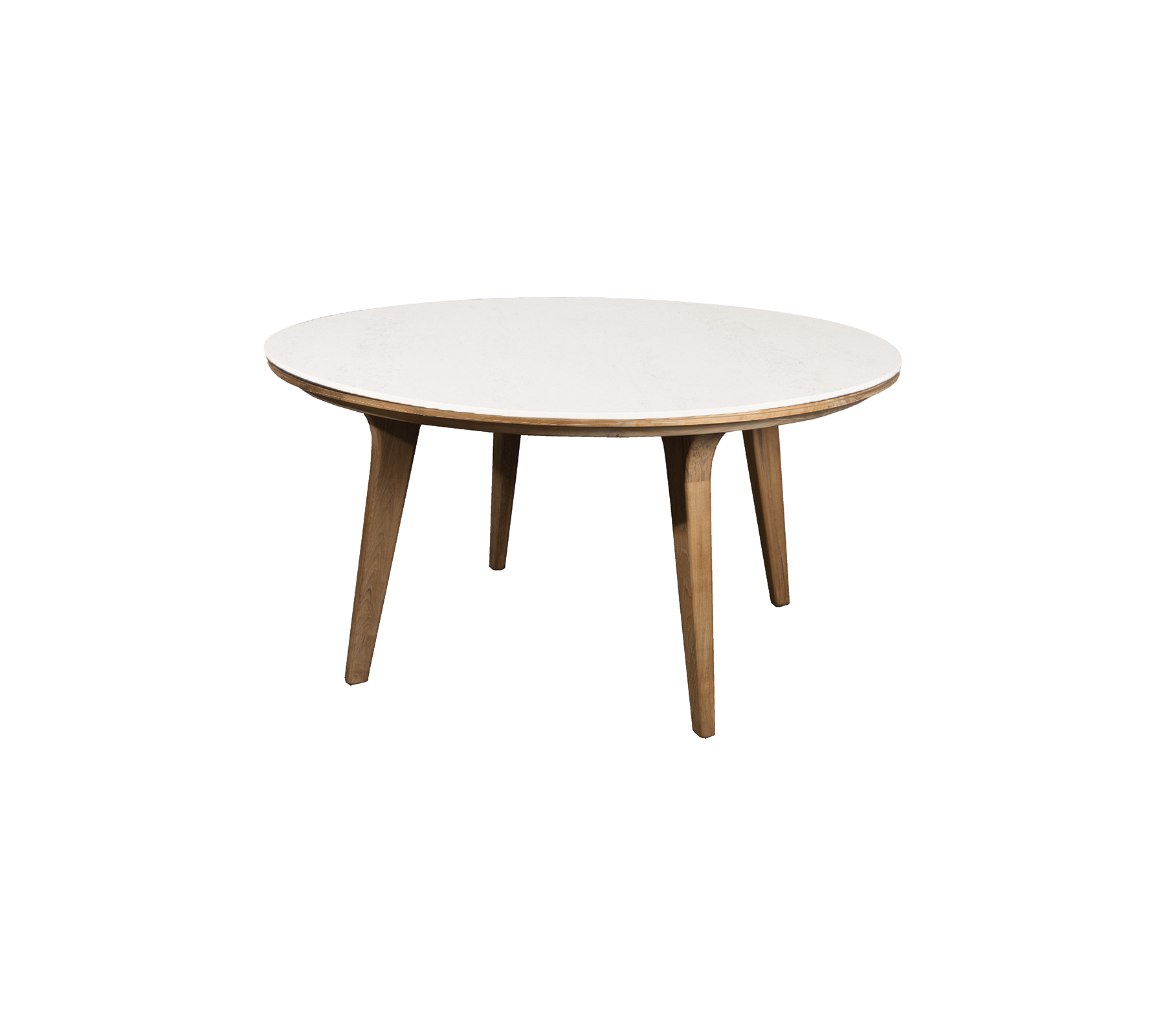 Rundt bord med en glat hvid top og træben, ideelt til spisning eller uformelle sammenkomster. Elegant og moderne design.