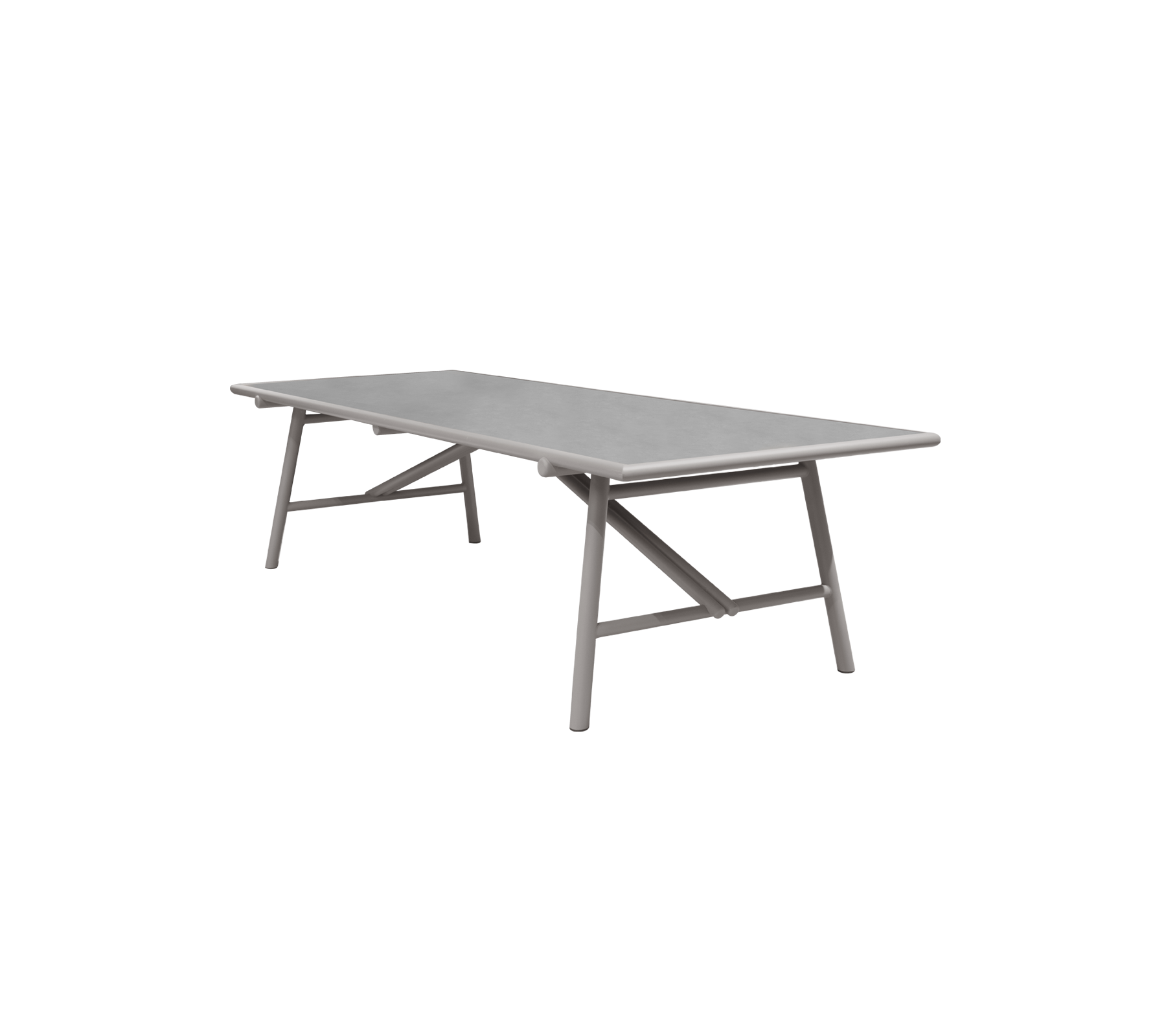 Rektangulært bord med grå top og robust krydsbenet design, ideelt til forskellige omgivelser og sammenkomster. Letvægts og moderne æstetik.