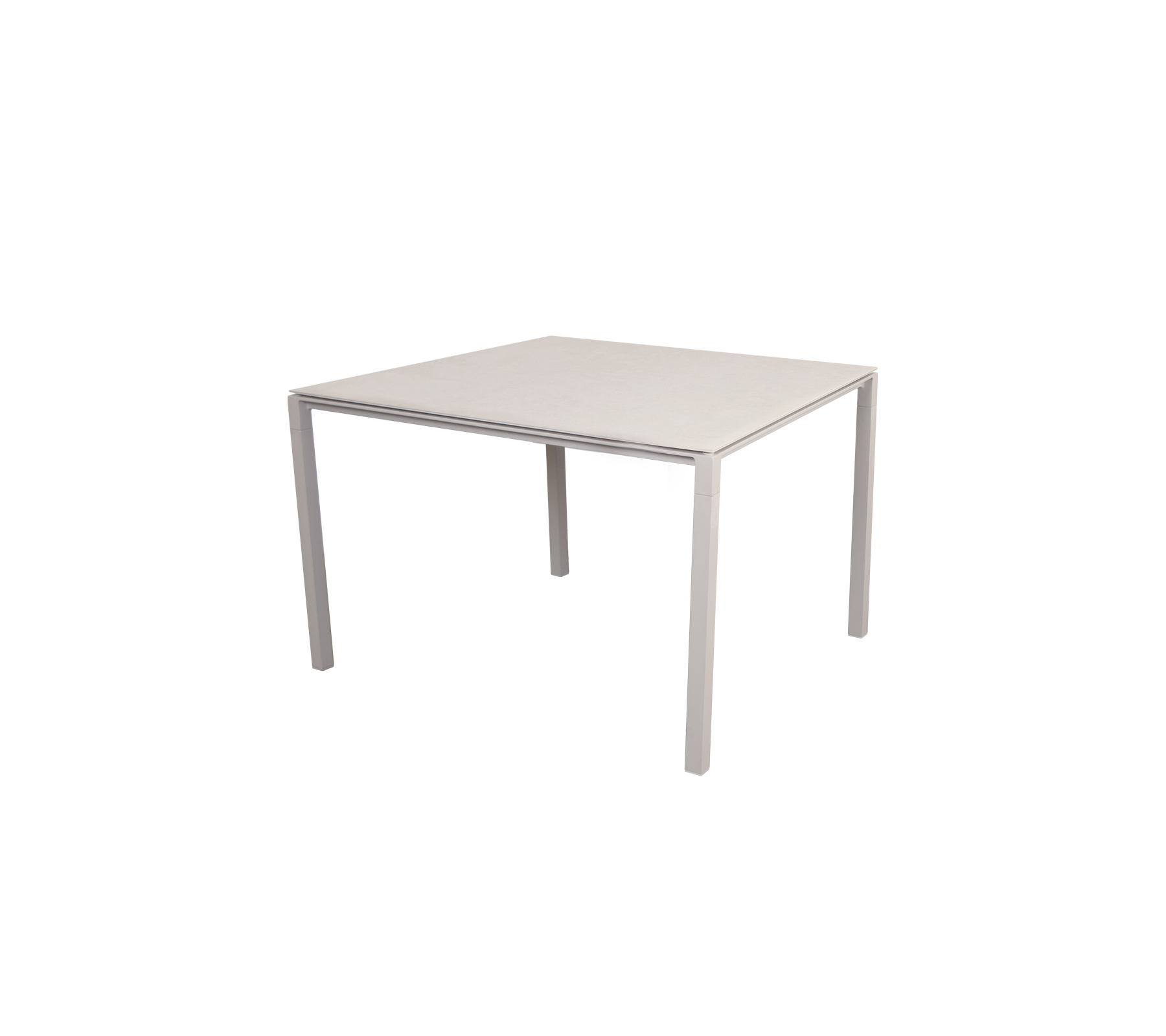 Firkantet bord med et slankt, minimalistisk design, der har en flad overflade og fire solide ben, egnet til forskellige omgivelser.
