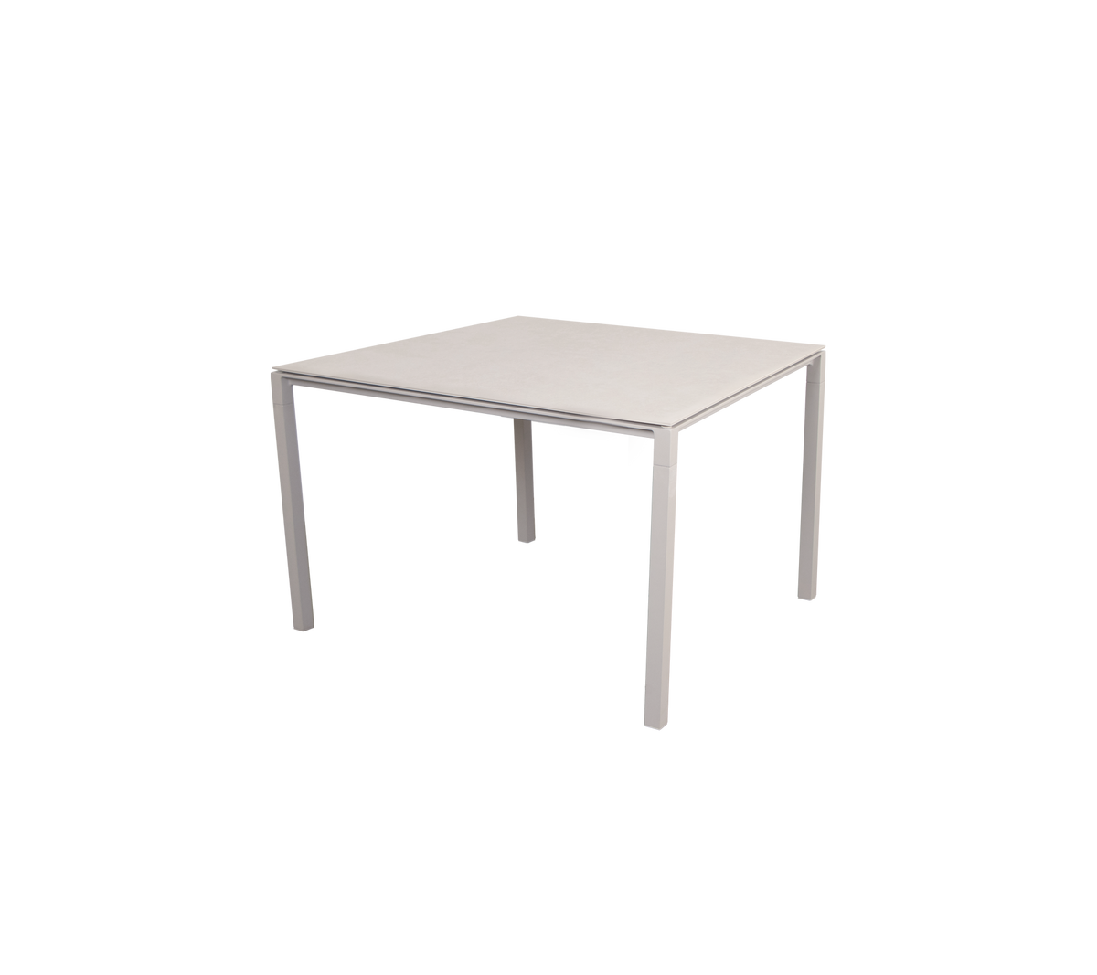 Firkantet bord med et slankt, minimalistisk design, der har en flad overflade og fire solide ben, egnet til forskellige omgivelser.