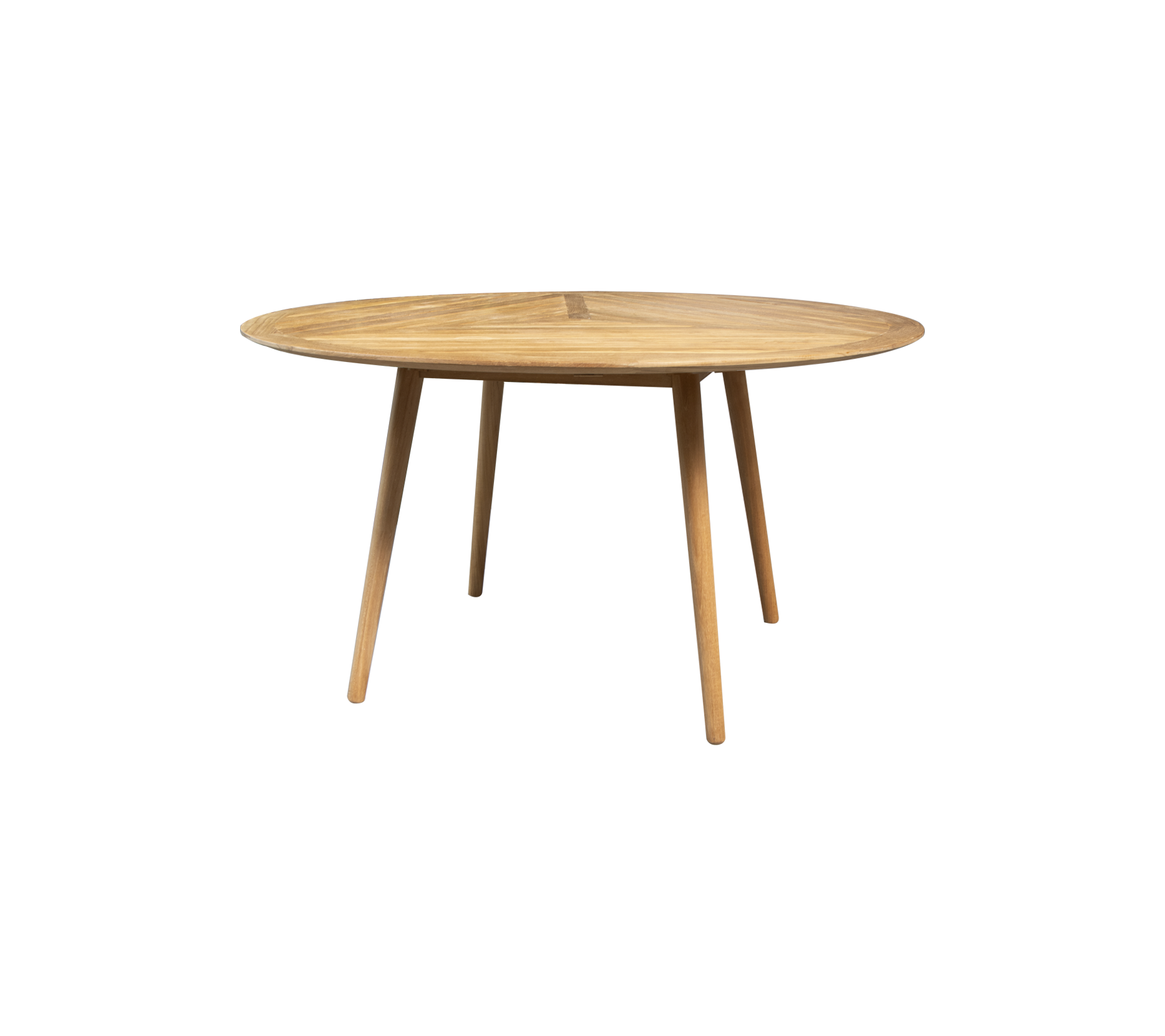 Rundt træbord med en glat overflade og slanke ben, designet til stilfuld og funktionel spisning eller arbejdsplads.