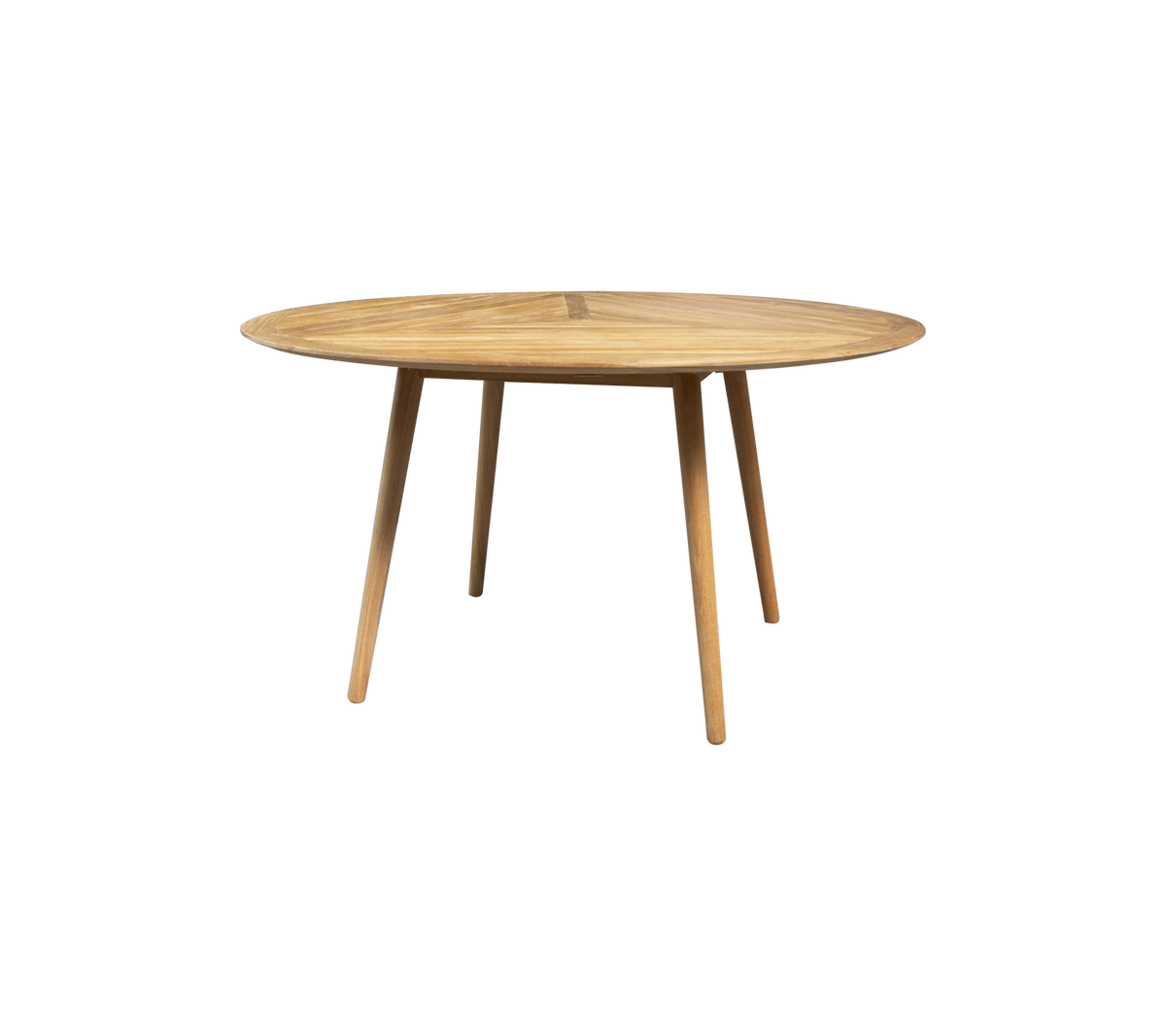Rundt træbord med en glat overflade og slanke ben, designet til stilfuld og funktionel spisning eller arbejdsplads.
