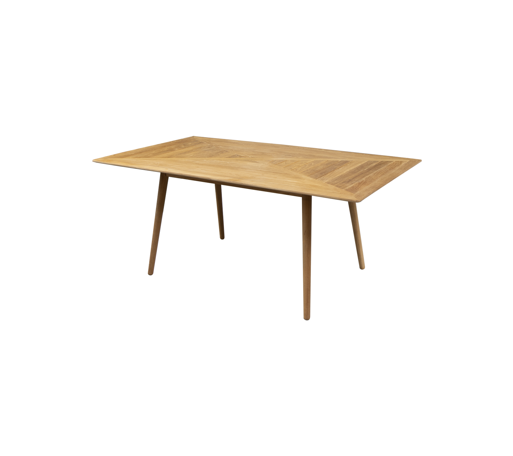Rektangulært træbord med lys finish og skrå ben, perfekt til spise- eller arbejdspladsbrug. Enkel og moderne design.