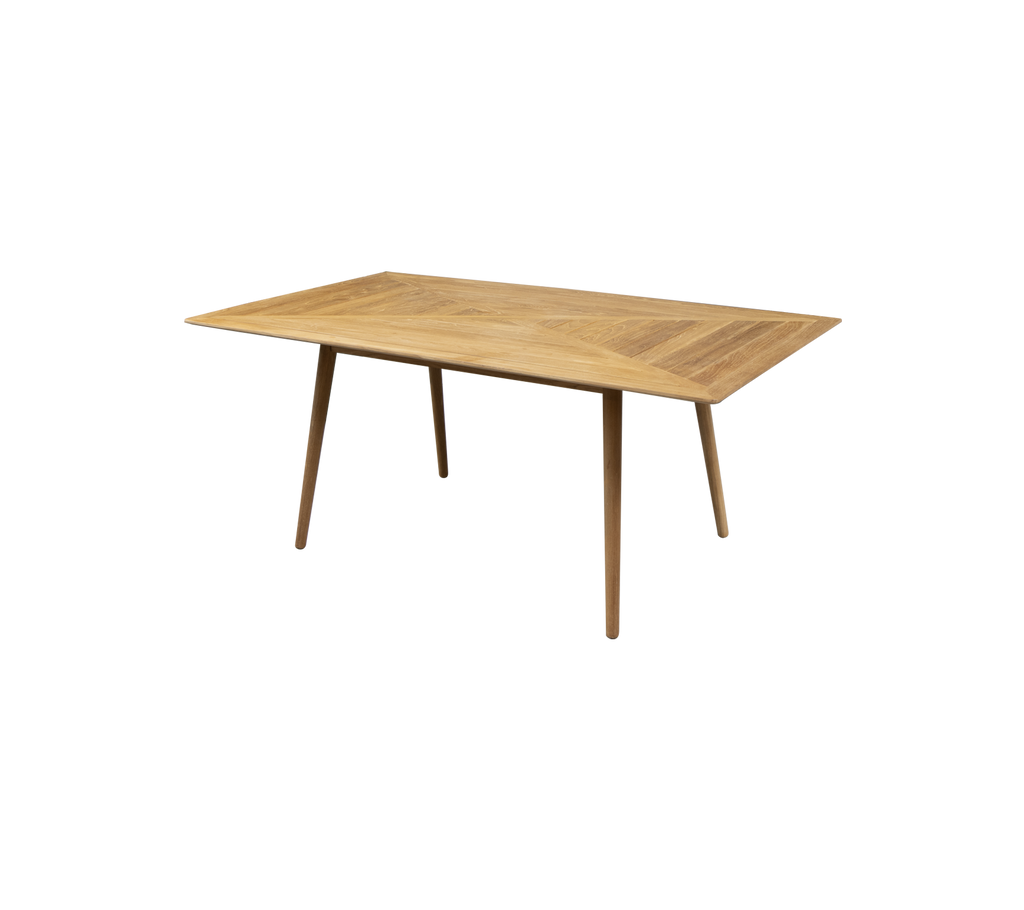 Rektangulært træbord med lys finish og skrå ben, perfekt til spise- eller arbejdspladsbrug. Enkel og moderne design.
