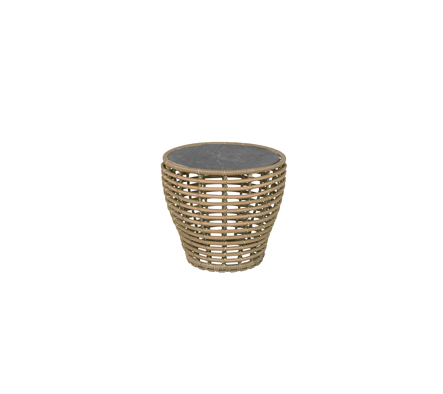Rattan-stil sidebord med en rund, skifer top, der har et moderne vævet design som en stilfuld accent i enhver indstilling.
