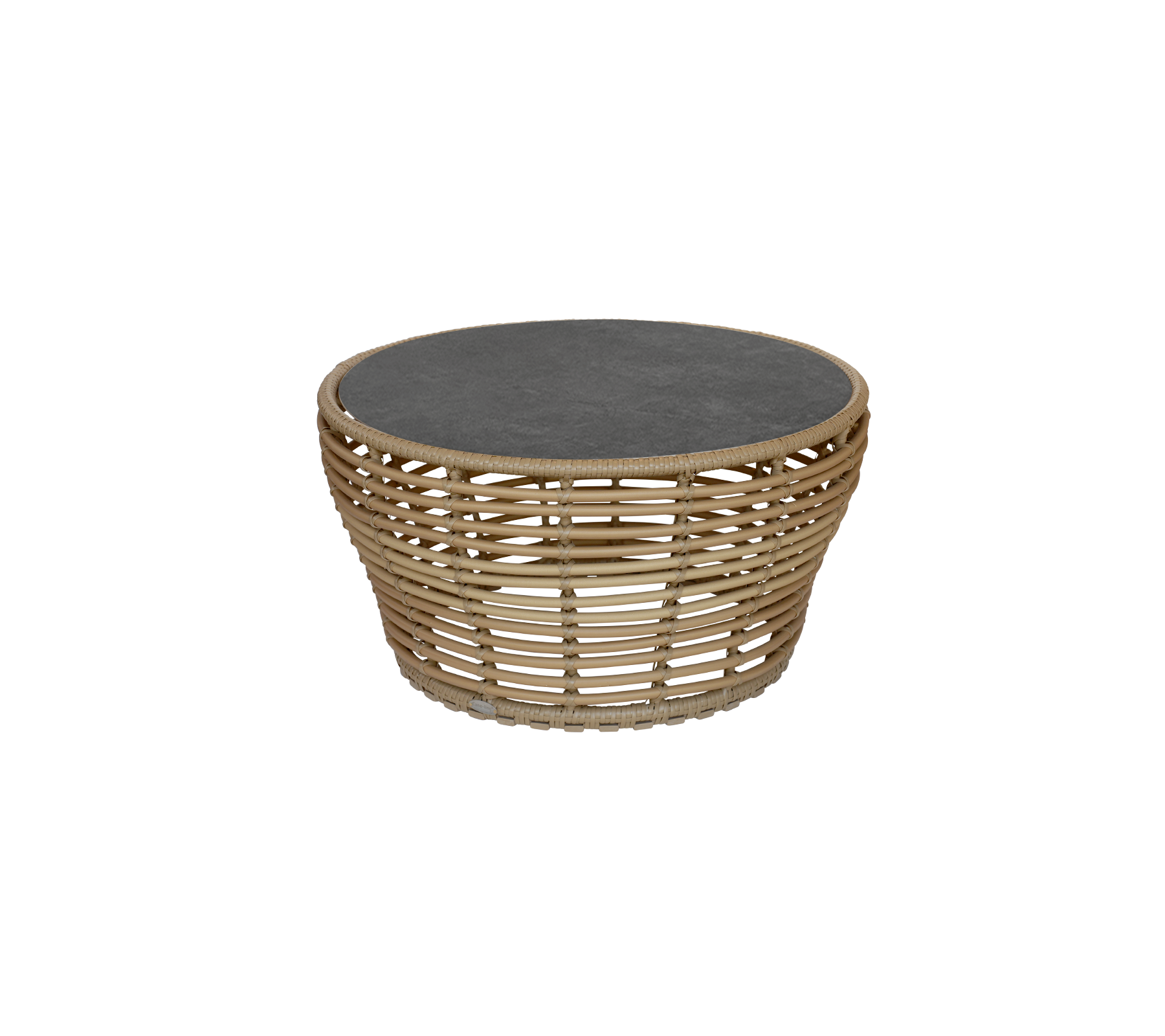 Rundt bord med en mørk top og en vævet bund af naturligt materiale, der tilføjer et moderne præg til ethvert rum.
