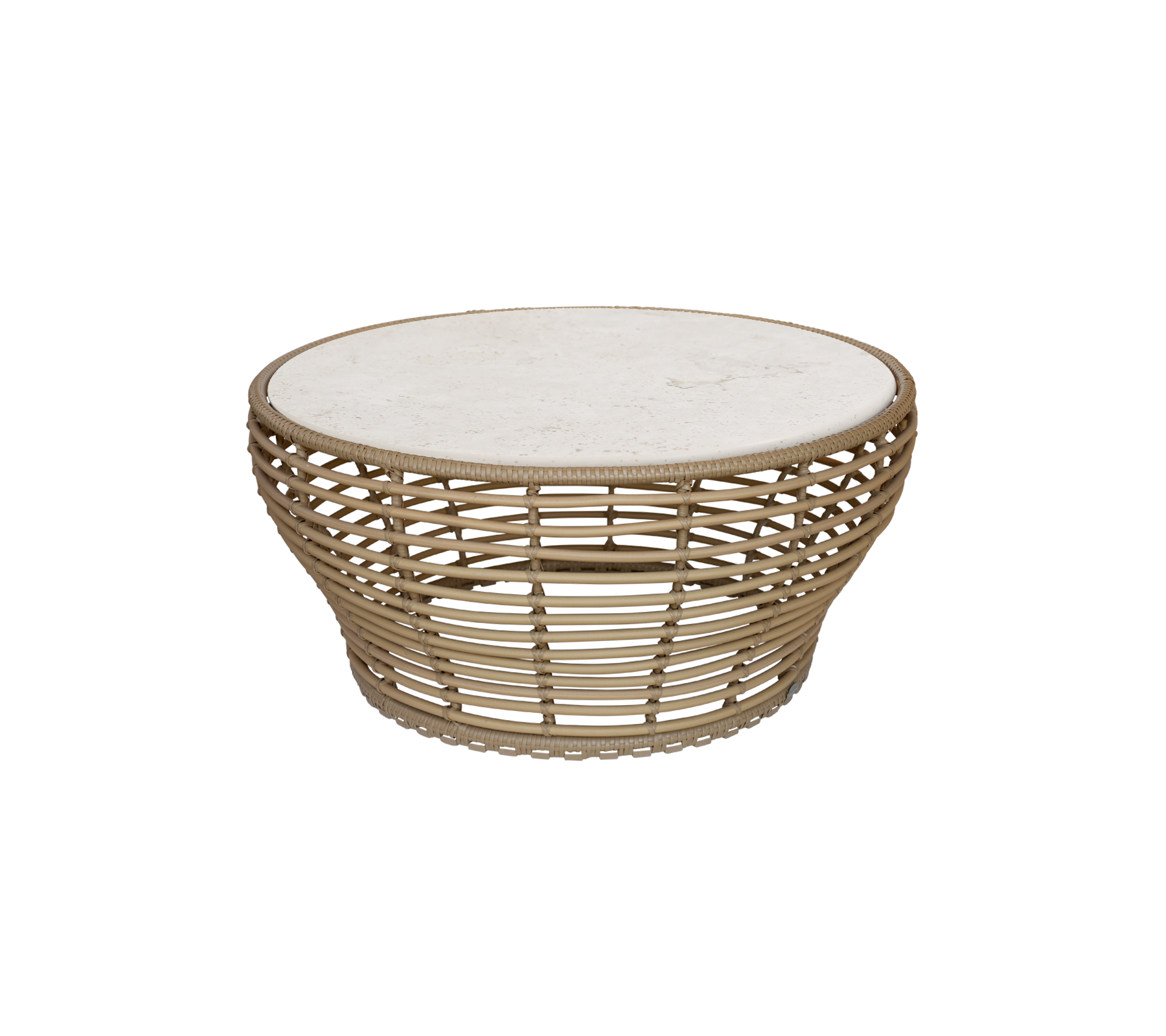 Naturligt sofabord med rund top og åbent vævet design.