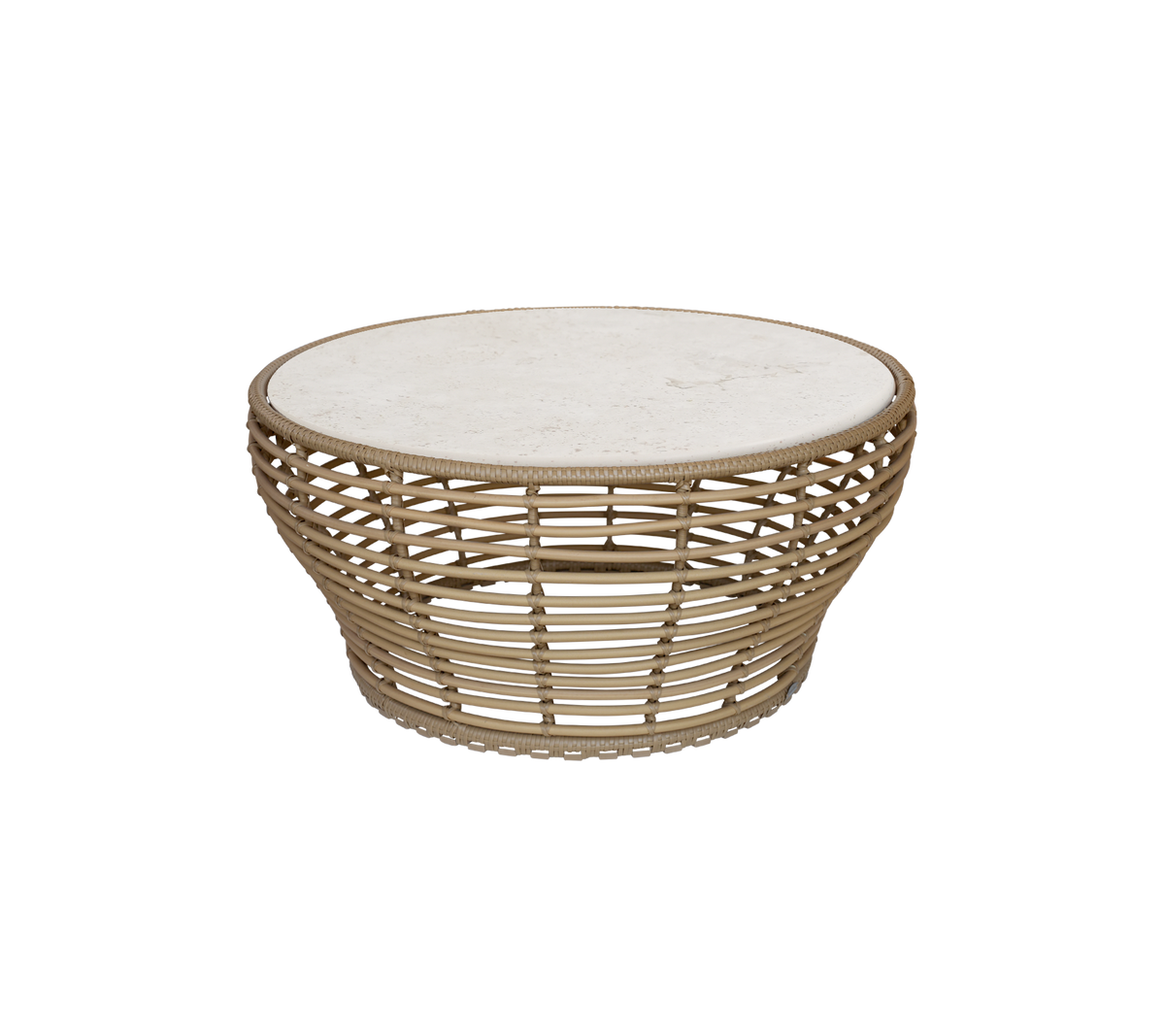 Naturligt sofabord med rund top og åbent vævet design.