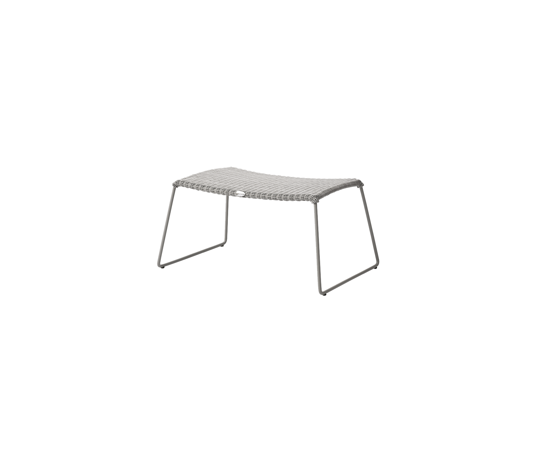 Grå bord med en glat, rektangulær overflade og minimalistiske metalben, designet til alsidig brug i forskellige omgivelser.