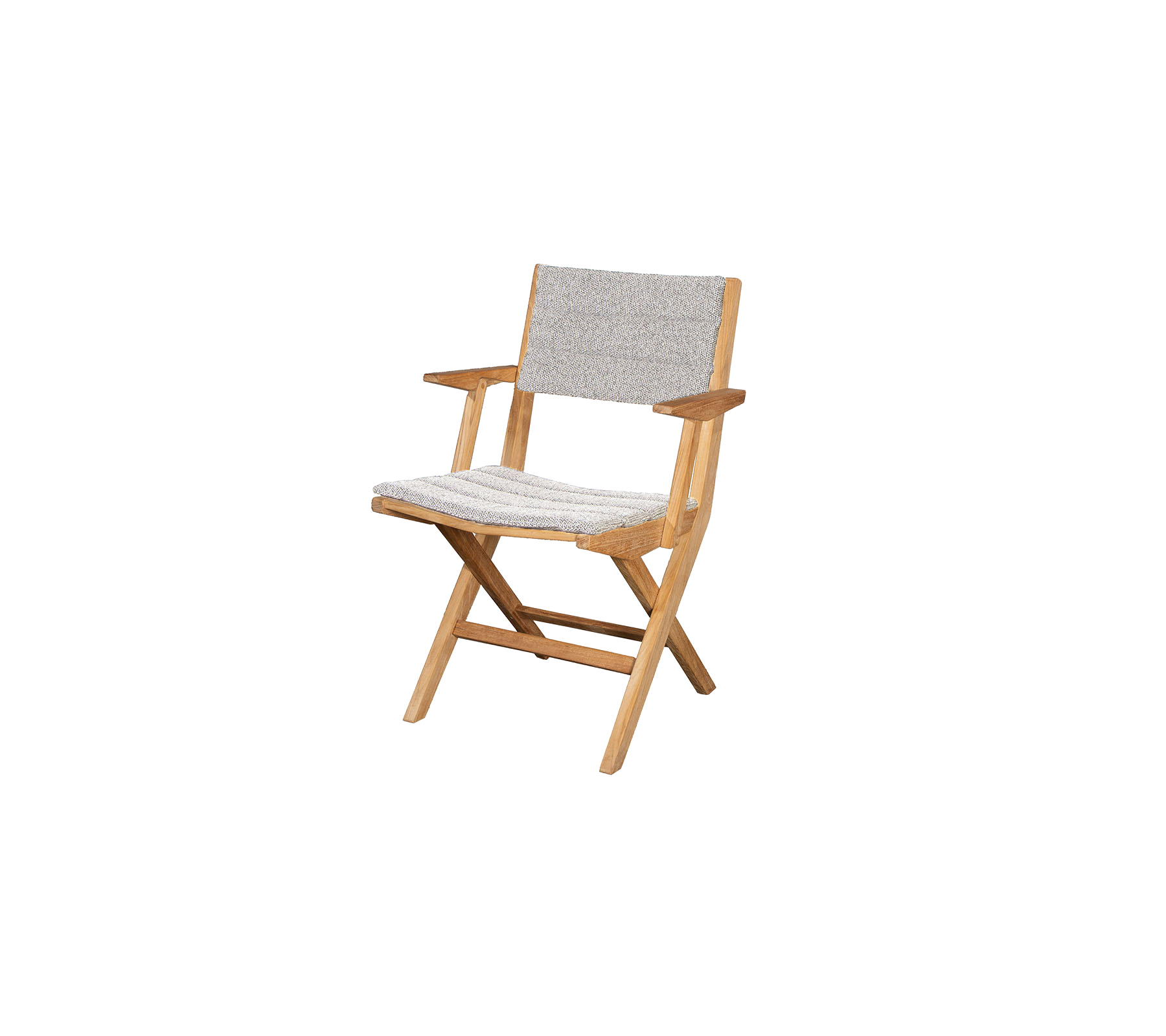 Sammenklappelig træstol med et let stofsæde og ryglæn, der har enkle armlæn og et minimalistisk design. Ideel til forskellige miljøer.