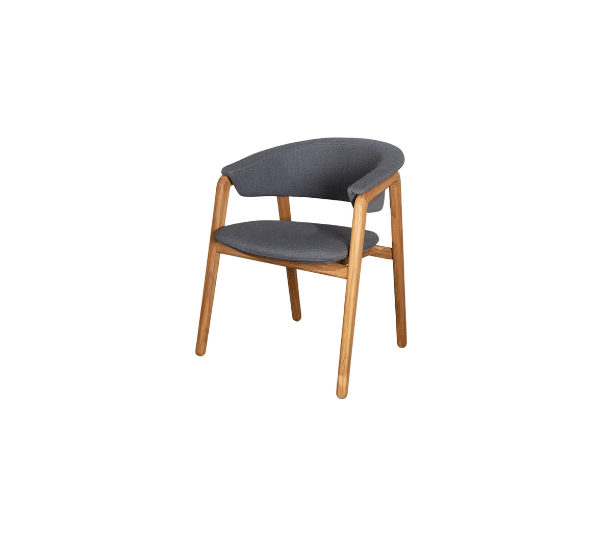 Elegant stol med grå stofsæde og buet ryg, understøttet af ben i naturlig træ, der tilbyder moderne komfort og æstetisk appel.