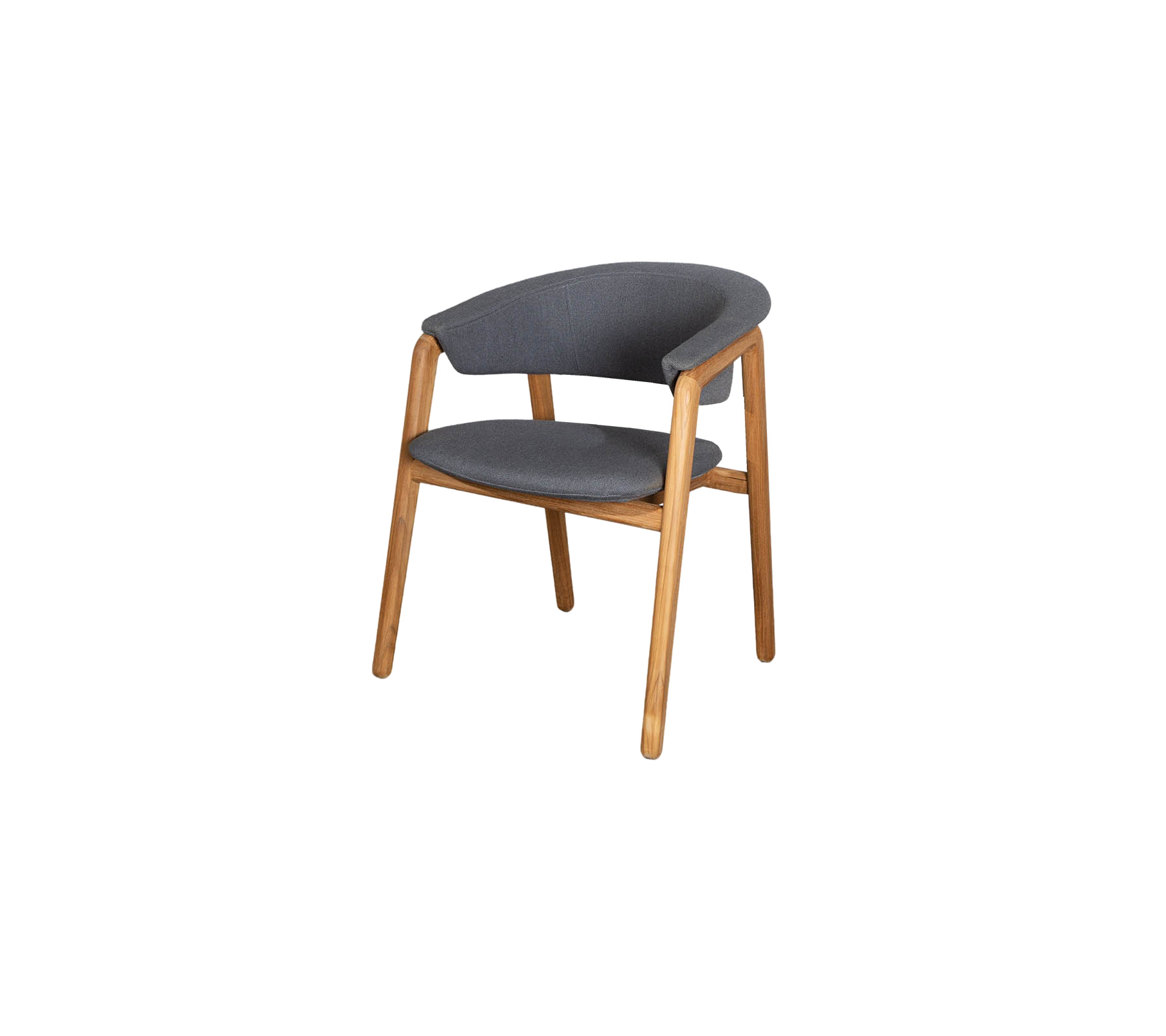 Elegant stol med grå stofsæde og buet ryg, understøttet af ben i naturlig træ, der tilbyder moderne komfort og æstetisk appel.