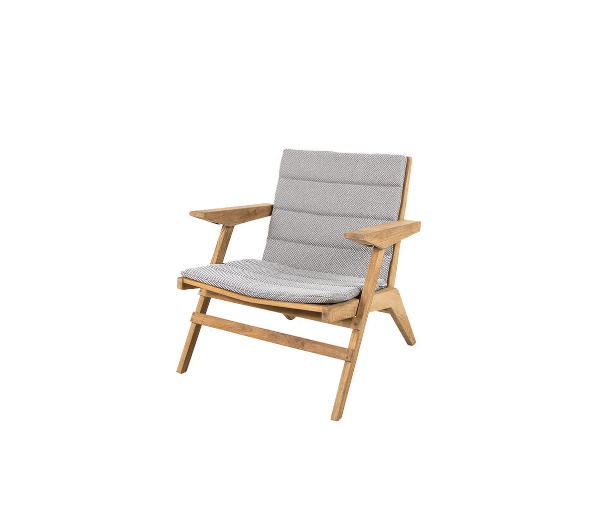 Stilfuld loungestol med træramme og bløde grå puder, designet til komfort og moderne æstetik.