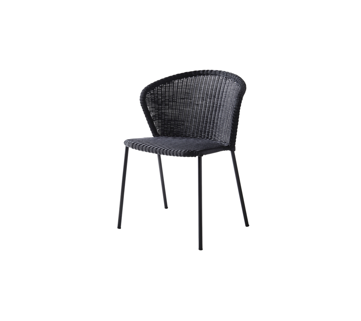 Stilfuld sort vævet stol med en buet ryg og slanke metalben, perfekt til moderne eller nutidige omgivelser.