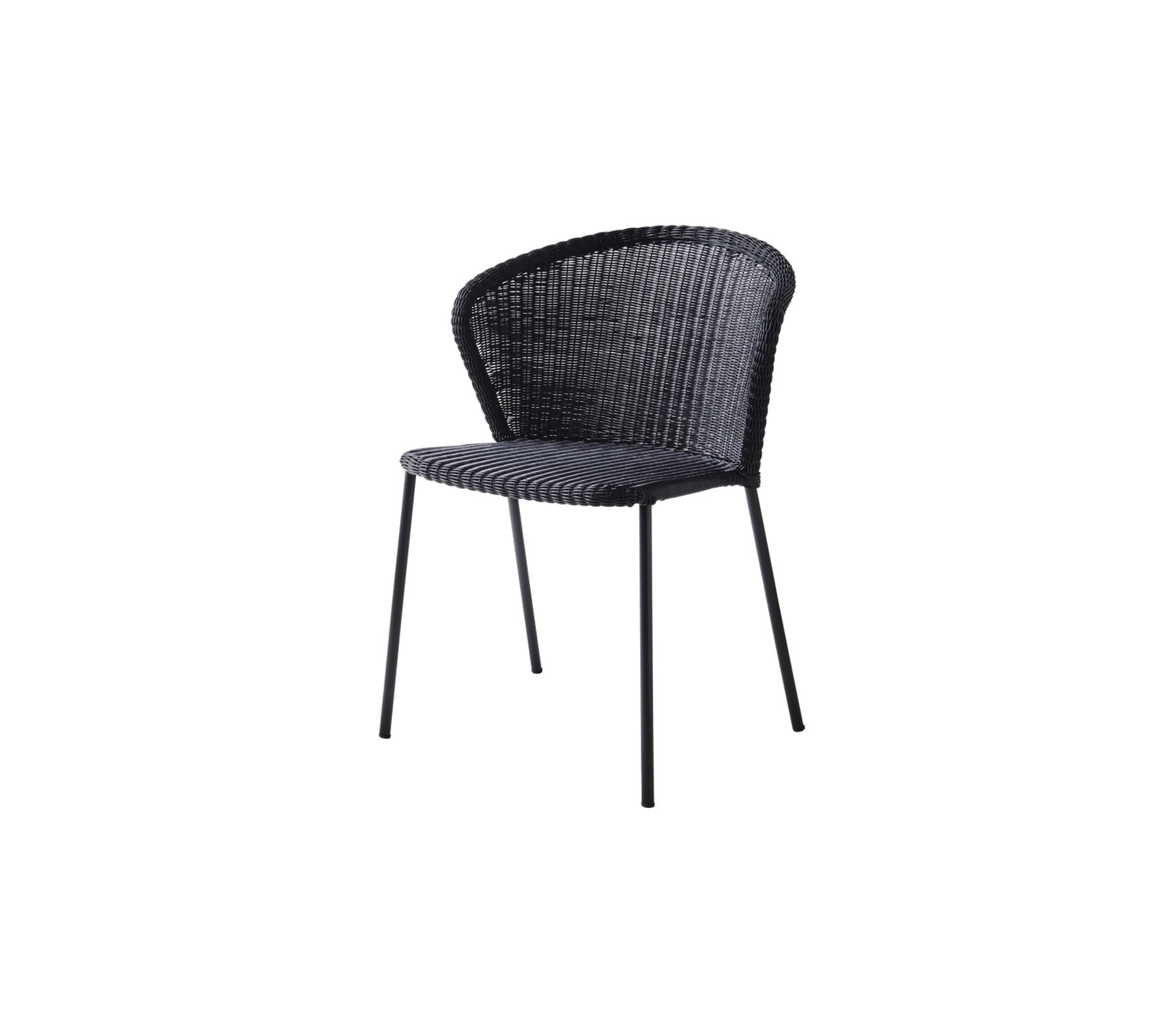 Stilfuld sort vævet stol med en buet ryg og slanke metalben, perfekt til moderne eller nutidige omgivelser.