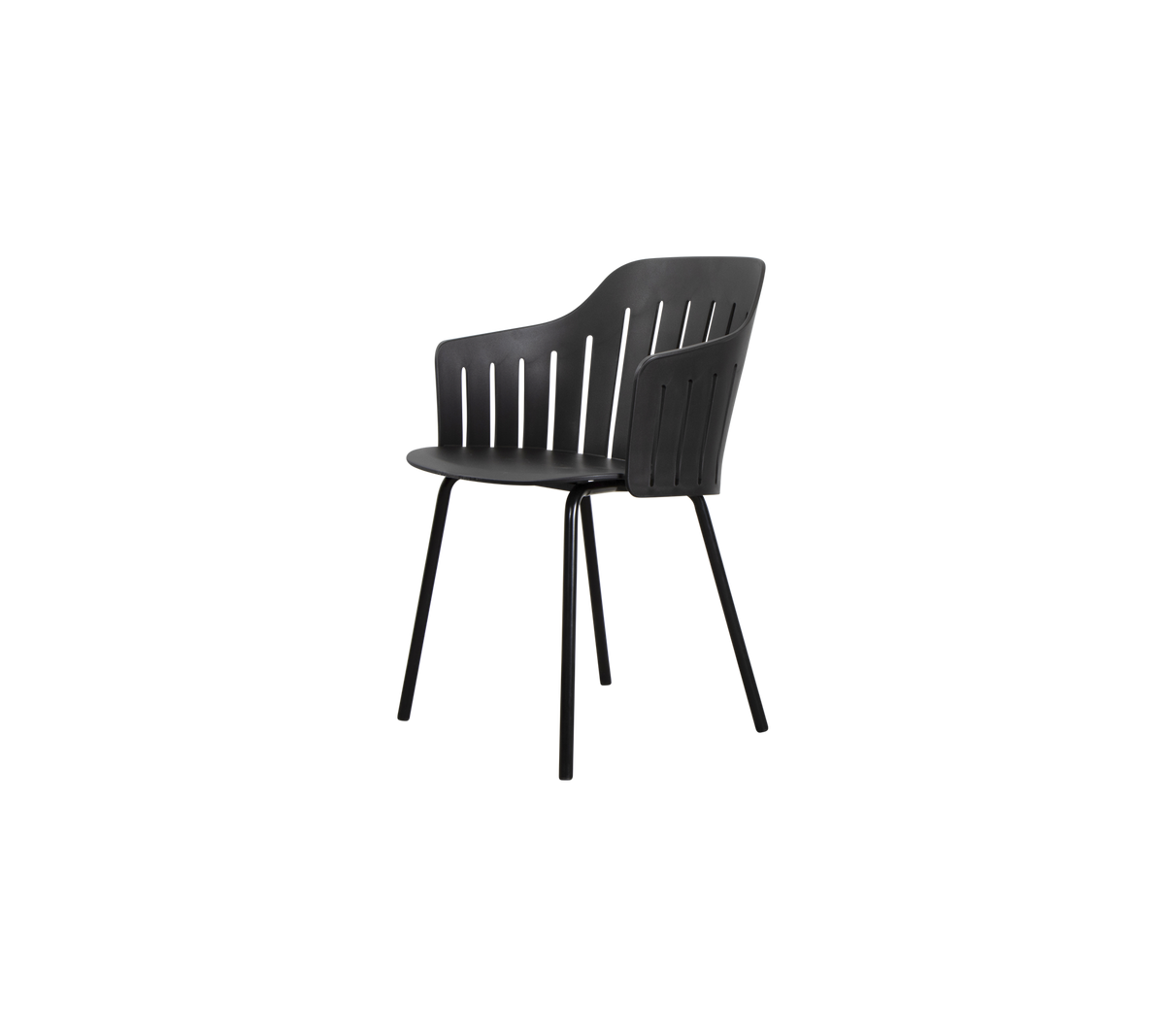 Stilfuld sort stol med slatbaggrund, der har holdbare ben for stabilitet og en ergonomisk form for komfort.