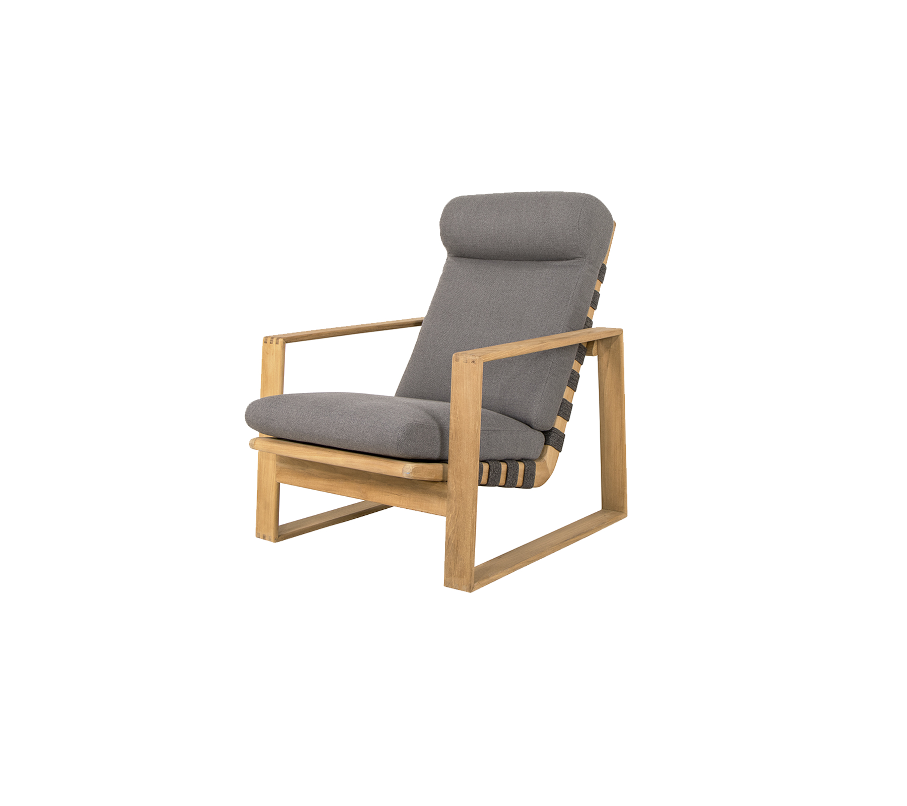 Stilfuld stol med en træramme og komfortable grå puder, perfekt til afslapning og moderne indretning.