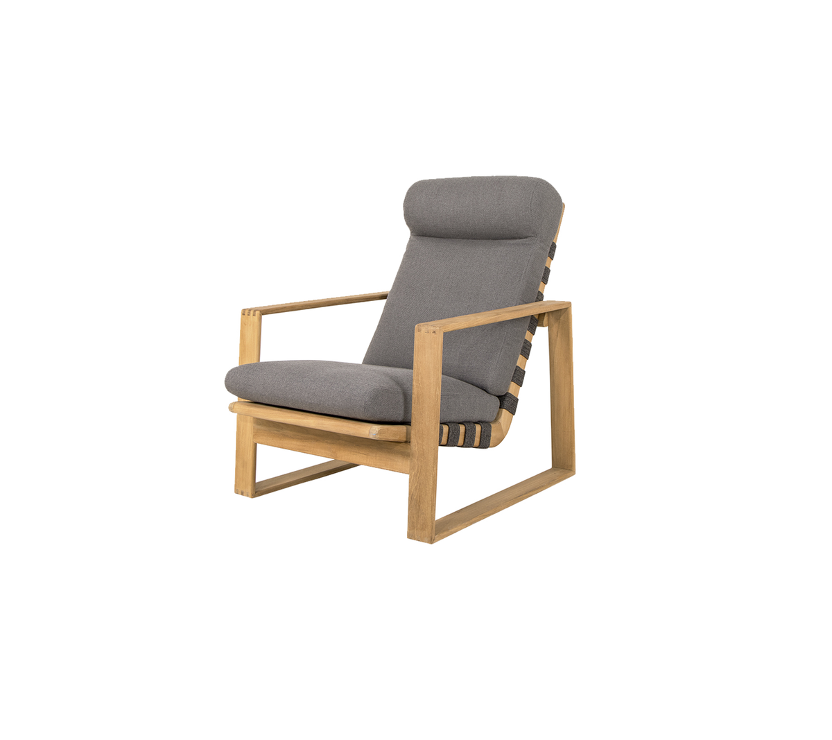 Stilfuld stol med en træramme og komfortable grå puder, perfekt til afslapning og moderne indretning.