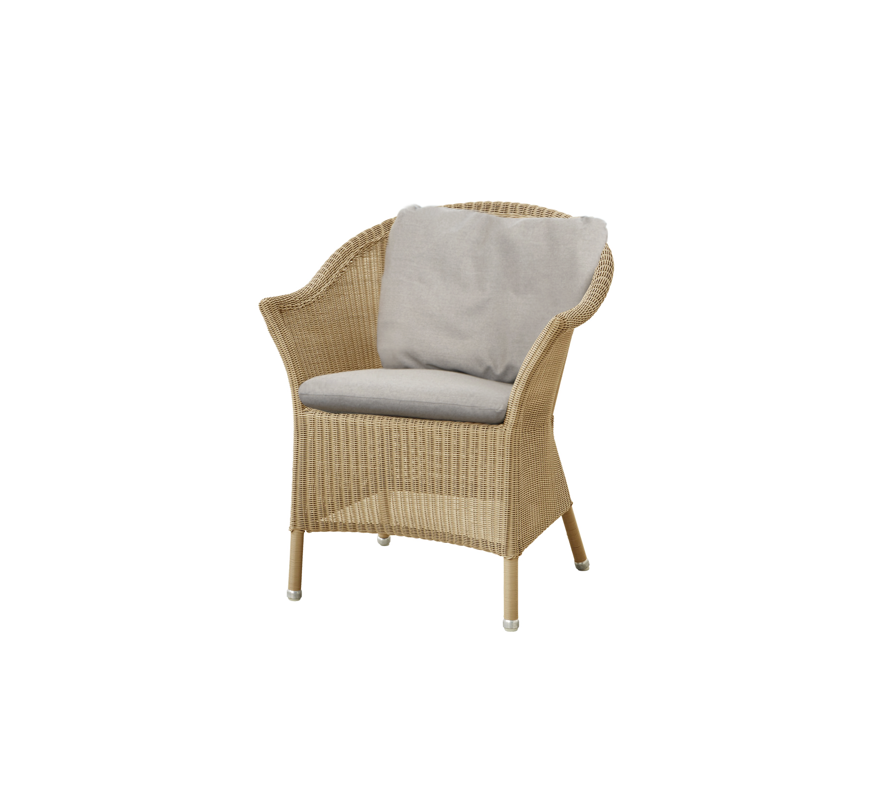 Vævet stol med en komfortabel grå pude, der har et stilfuldt og let design, der egner sig til afslappet siddekomfort.