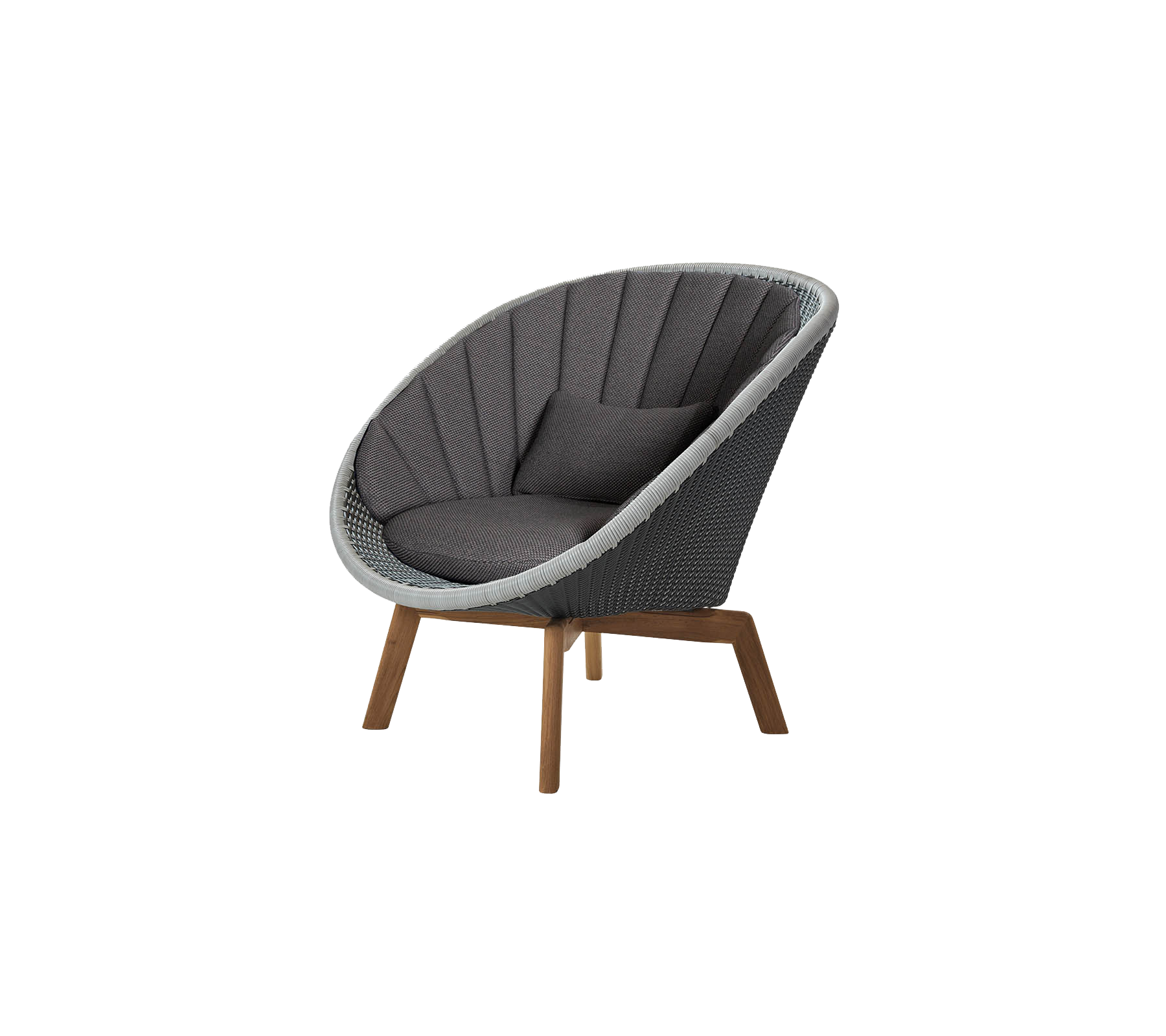 Bueformet stol med et strømlinet design, der har en grå polstret sæde og træben, hvilket giver en moderne og komfortabel siddeplads.