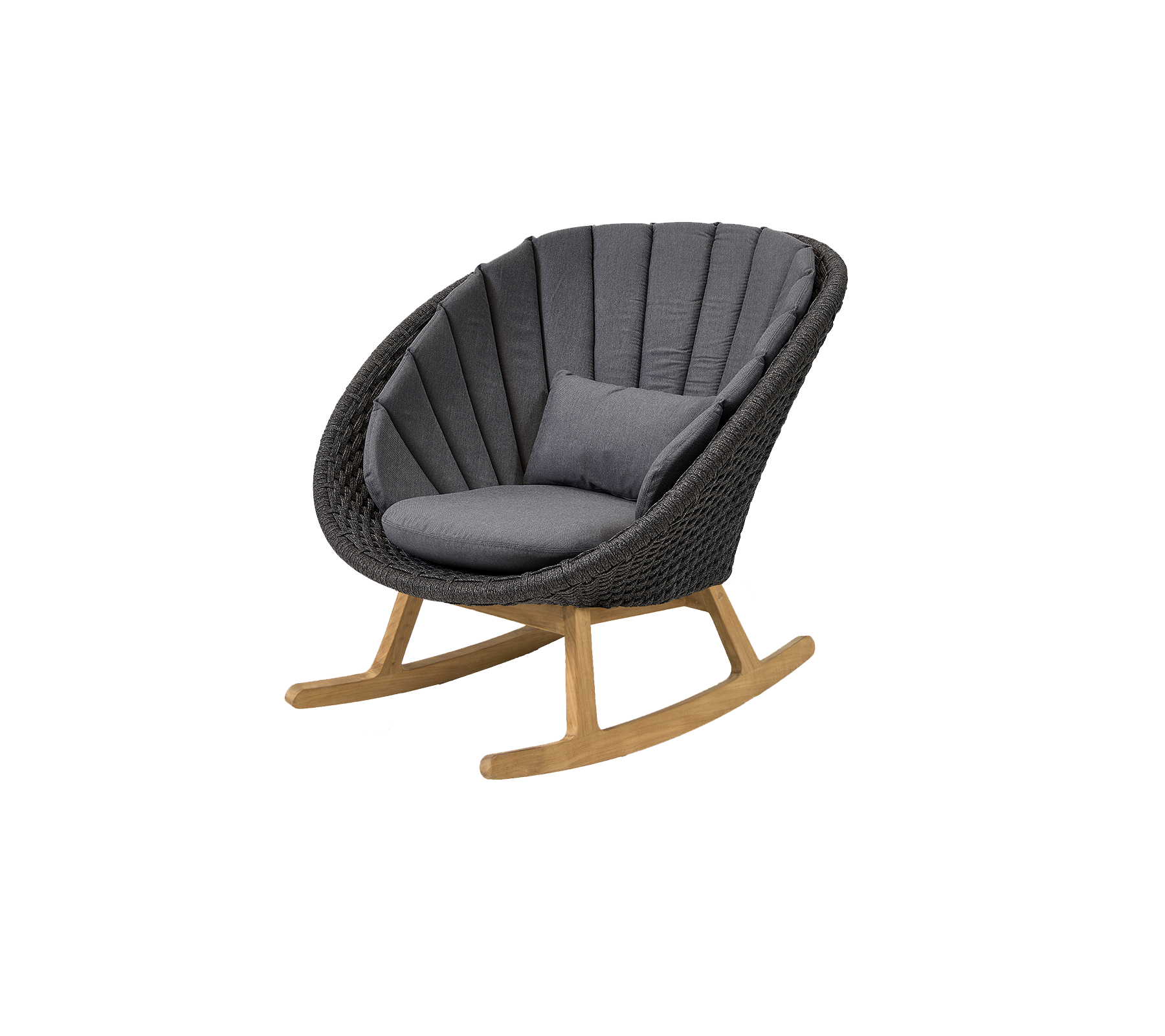Stilfuld gyngestol med et buet design, der har en komfortabel grå pude og en naturlig trækonstruktion for et moderne præg.