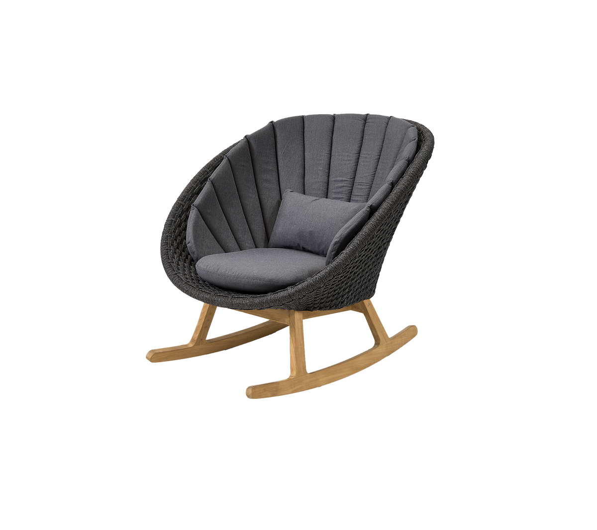 Stilfuld gyngestol med et buet design, der har en komfortabel grå pude og en naturlig trækonstruktion for et moderne præg.